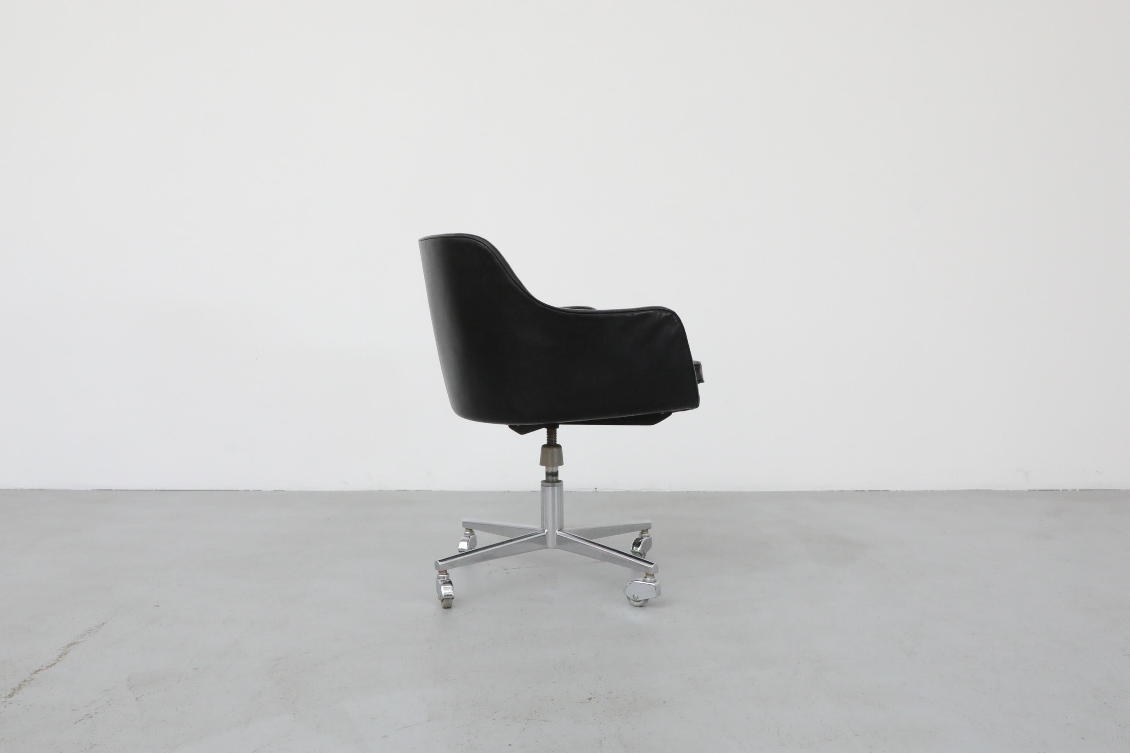 Saarinen Style Black Faux Leather Rolling Office Chair w/ Newly Upholstered Seat For Sale 3