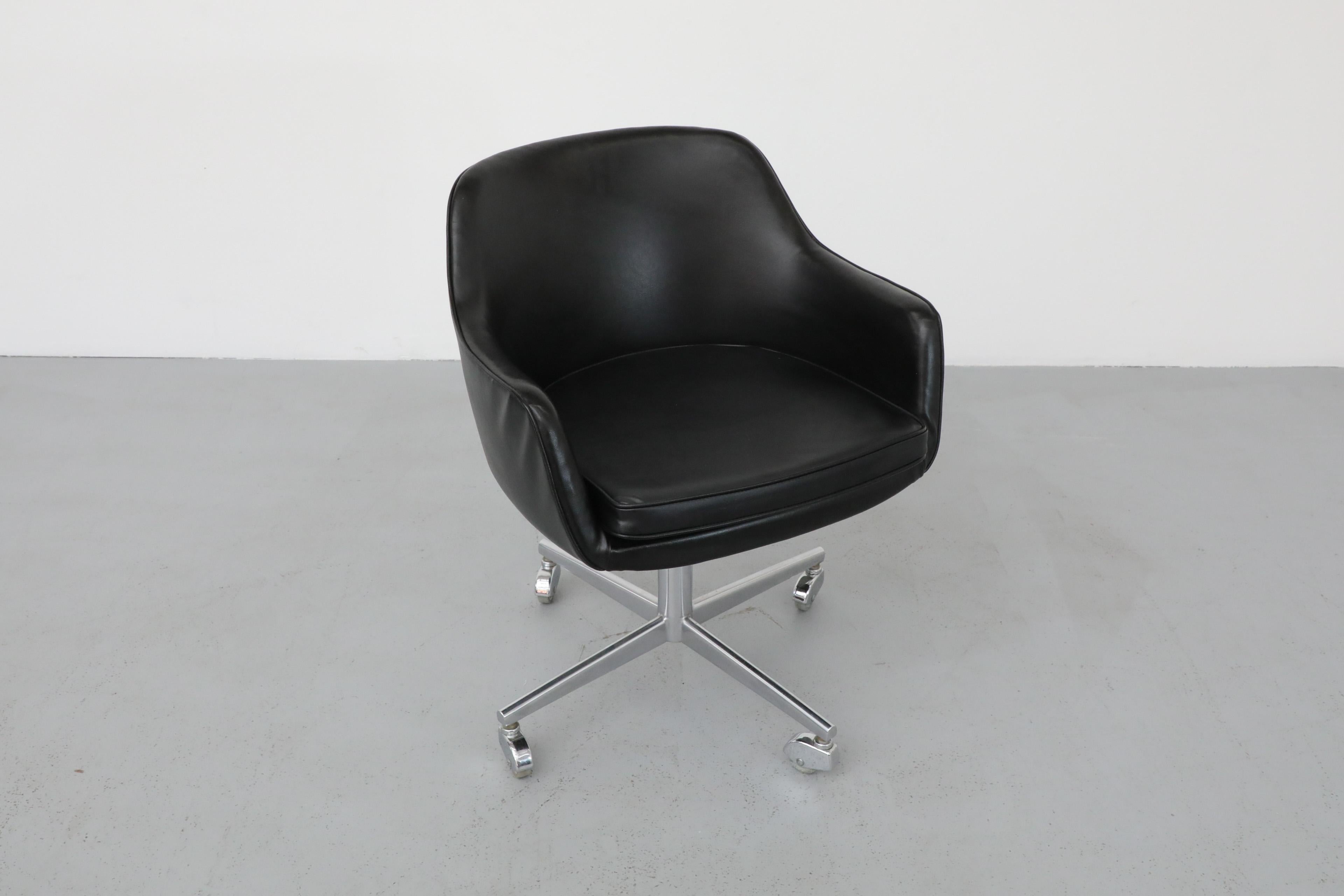 Saarinen Style Black Faux Leather Rolling Office Chair w/ Newly Upholstered Seat For Sale 5