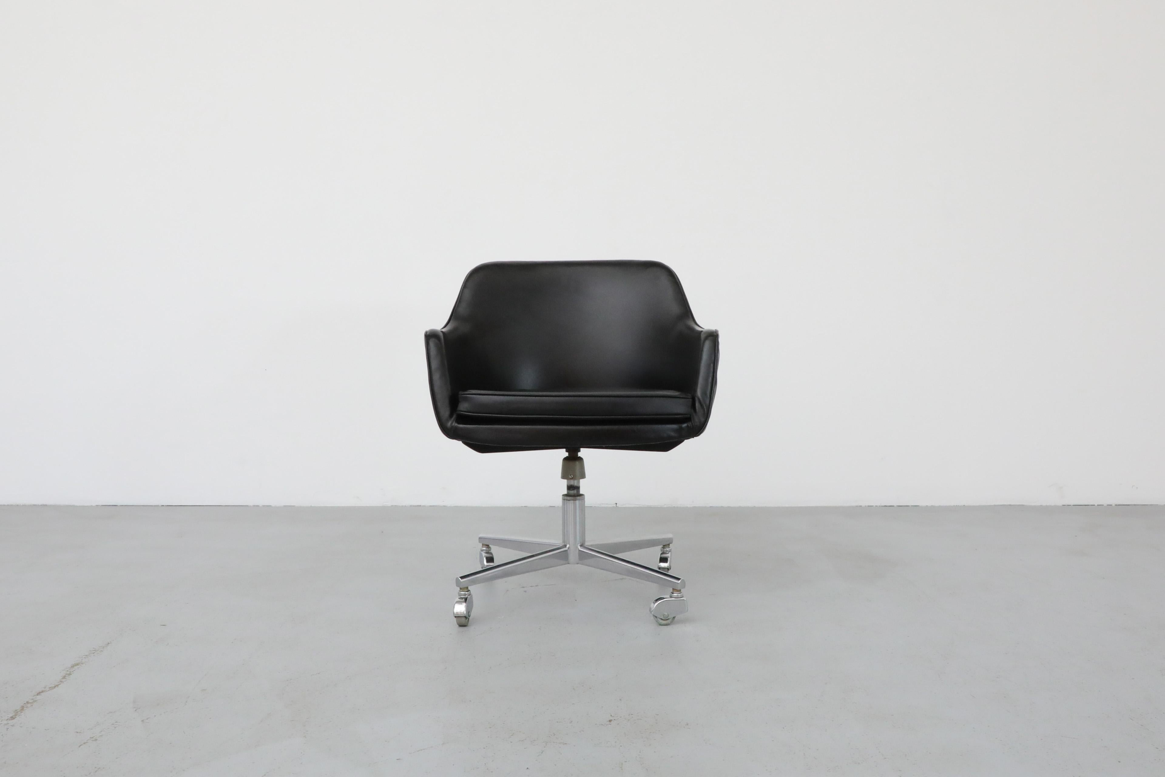 Dutch Saarinen Style Black Faux Leather Rolling Office Chair w/ Newly Upholstered Seat For Sale
