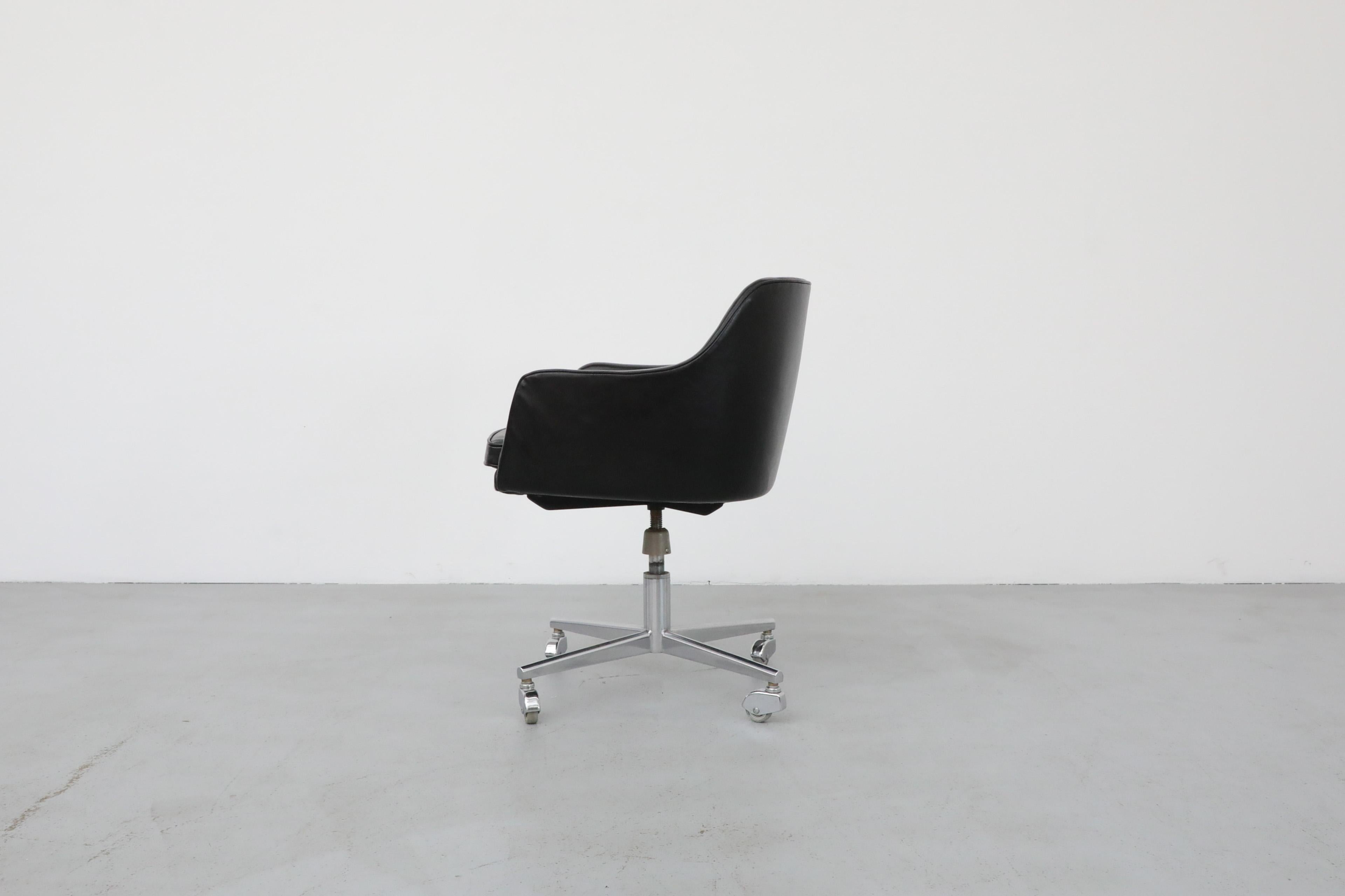 Metal Saarinen Style Black Faux Leather Rolling Office Chair w/ Newly Upholstered Seat For Sale