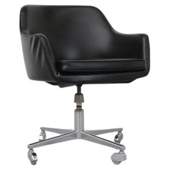 Vintage Saarinen Style Black Faux Leather Rolling Office Chair w/ Newly Upholstered Seat