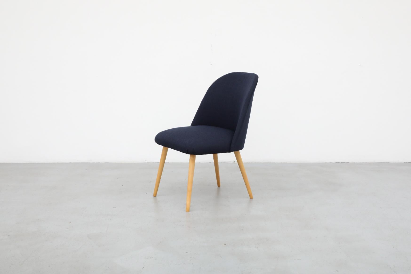 Mid-Century Modern Saarinen Style Navy Upholstered Cocktail Chair with Natural Birch Tapered Legs For Sale