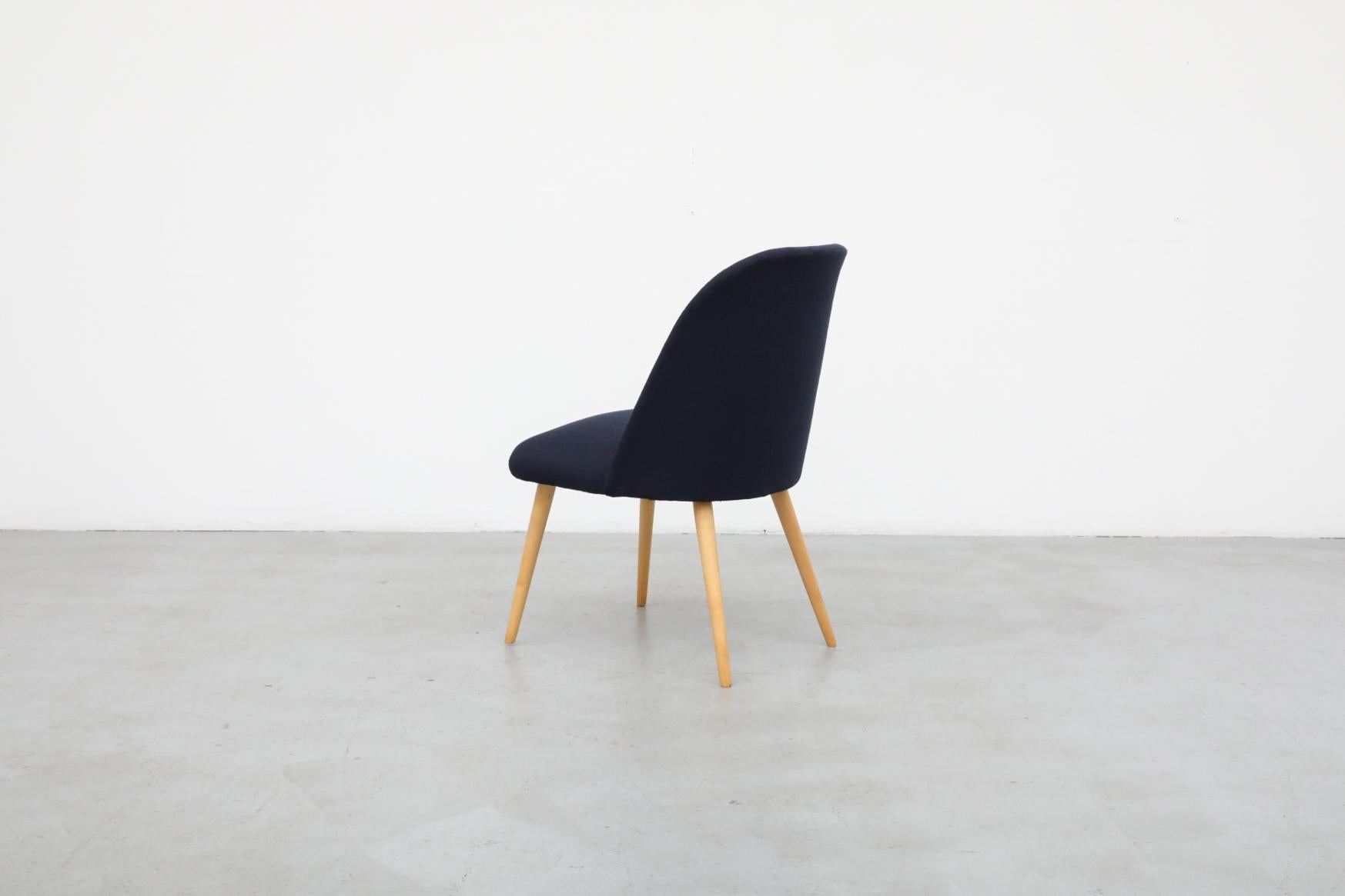 Saarinen Style Navy Upholstered Cocktail Chair with Natural Birch Tapered Legs In Good Condition For Sale In Los Angeles, CA