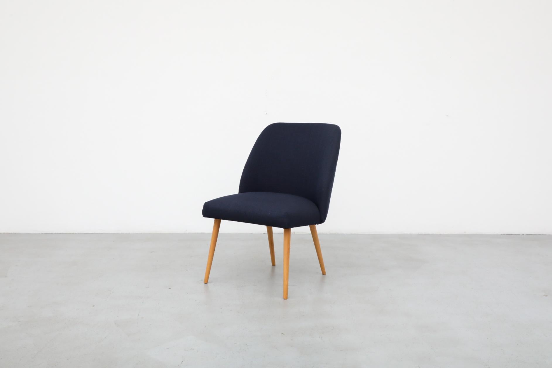 Mid-Century Modern Saarinen Style Navy Upholstered Cocktail Chair with Tapered Natural Birch Legs For Sale
