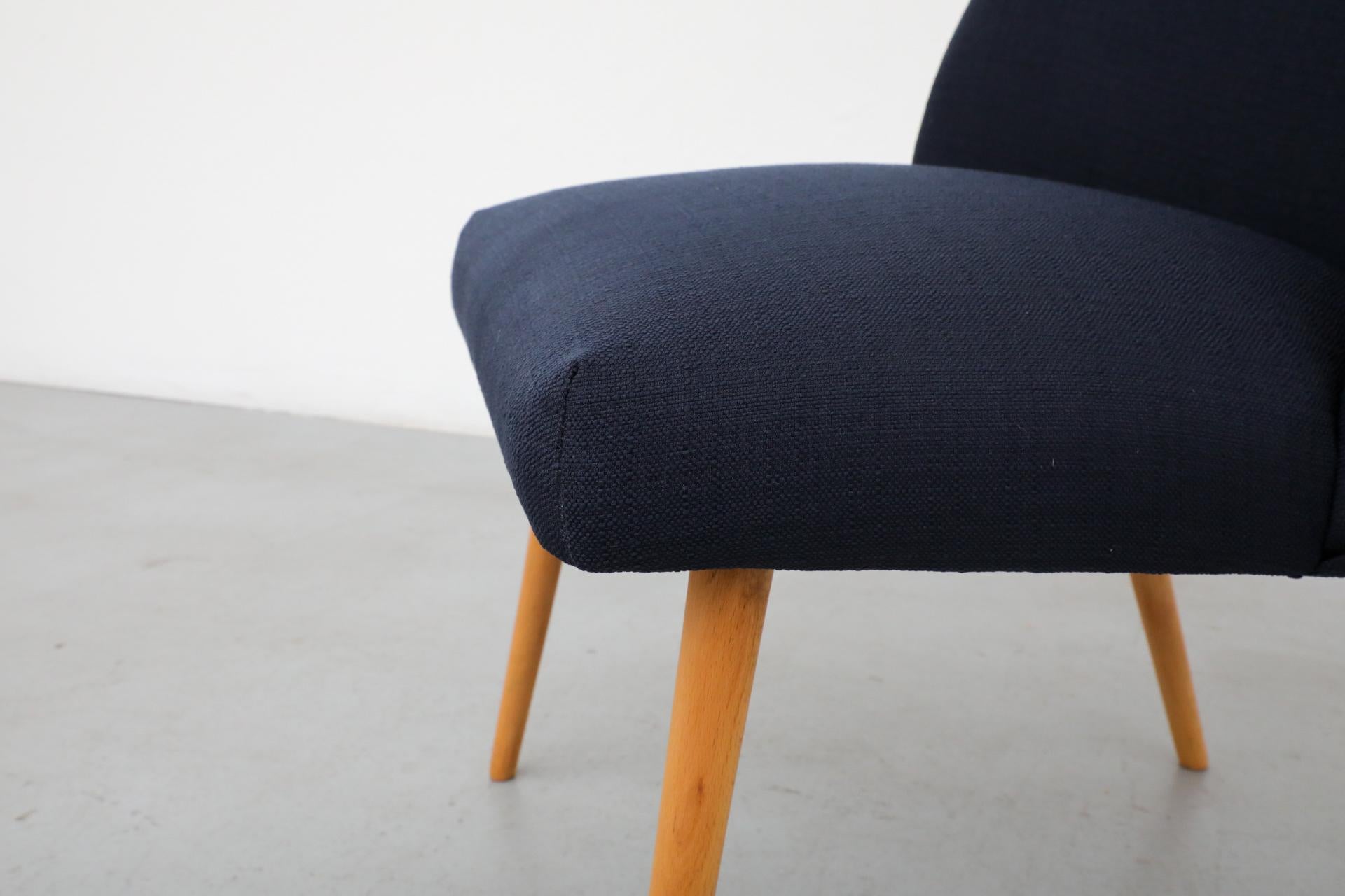 Saarinen Style Navy Upholstered Cocktail Chair with Tapered Natural Birch Legs For Sale 2