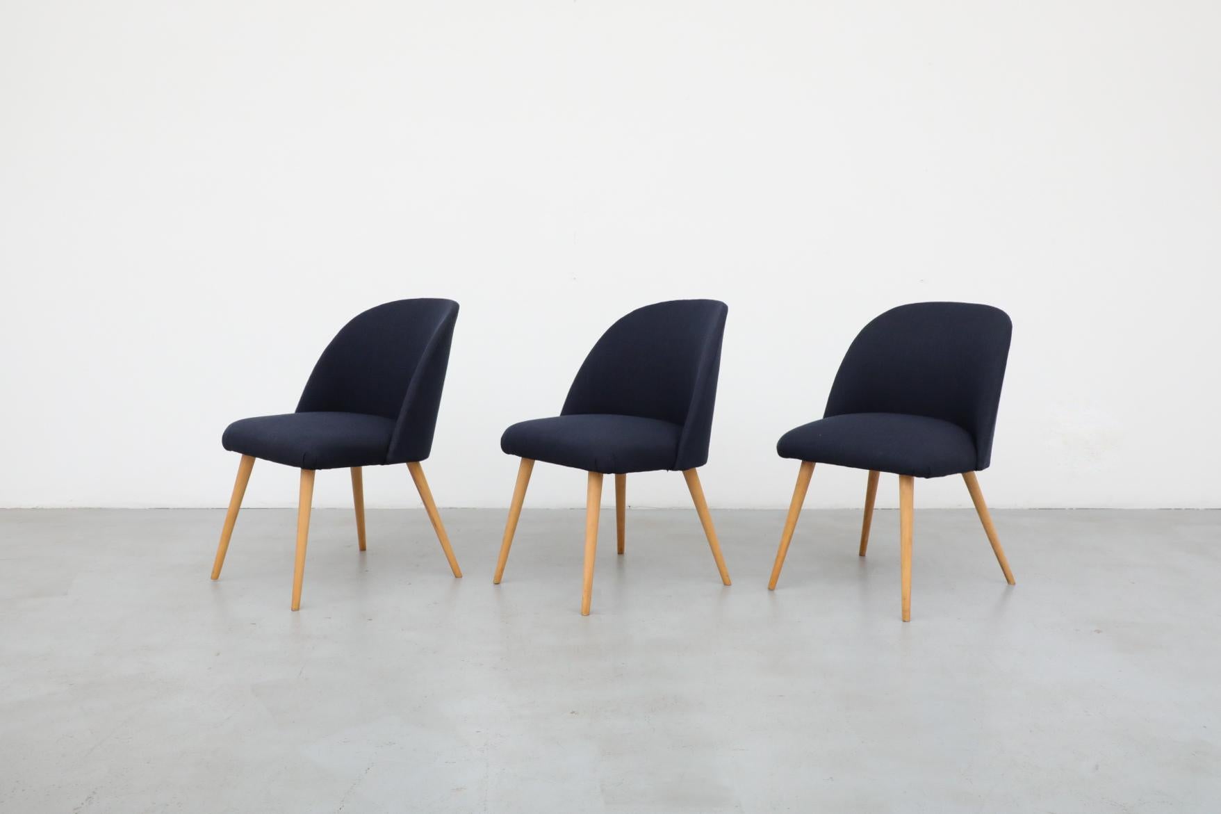 Mid-Century Modern Saarinen Style Navy Upholstered Cocktail Chairs with Natural Birch Tapered Legs For Sale
