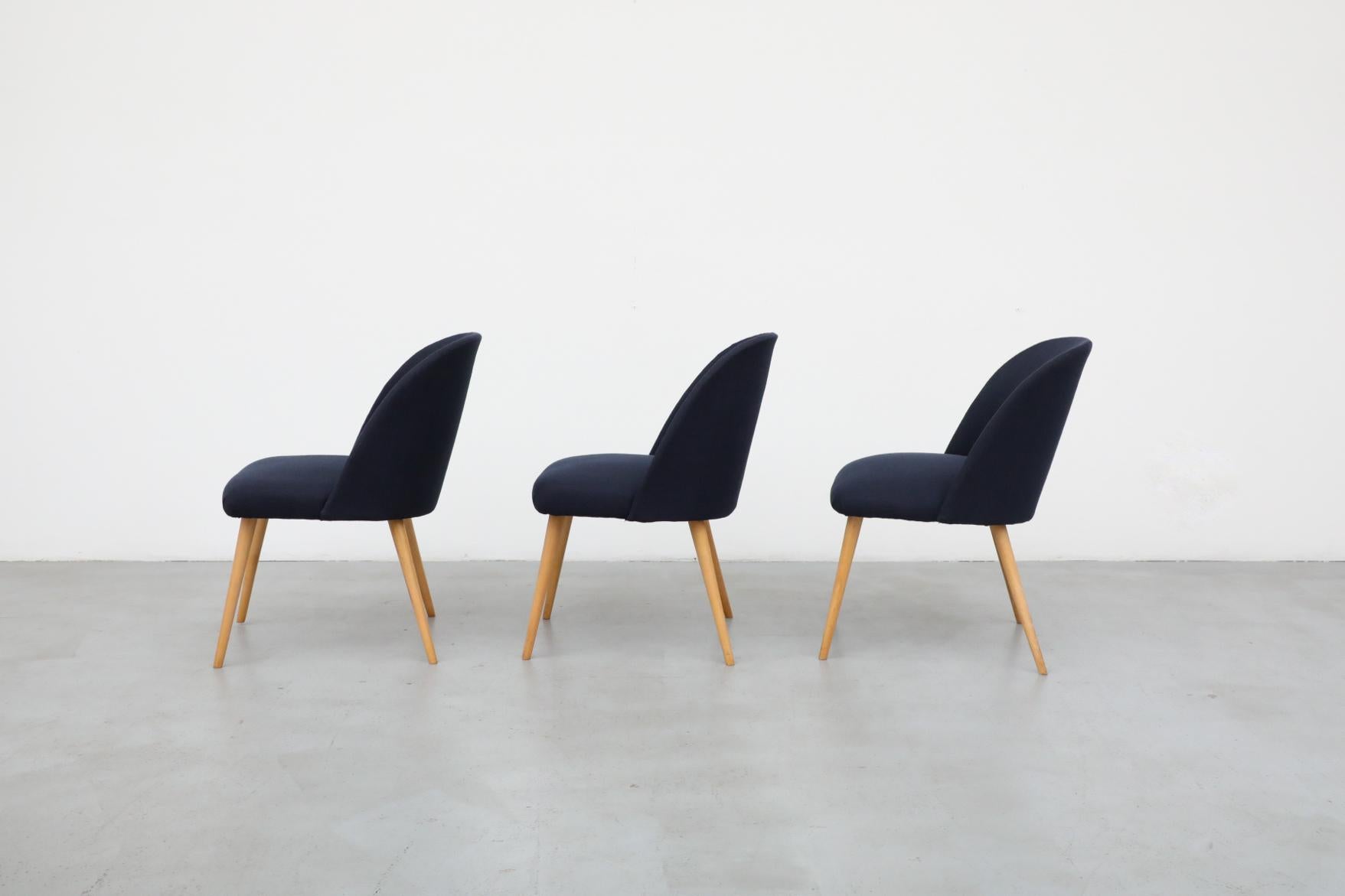 Slovak Saarinen Style Navy Upholstered Cocktail Chairs with Natural Birch Tapered Legs For Sale