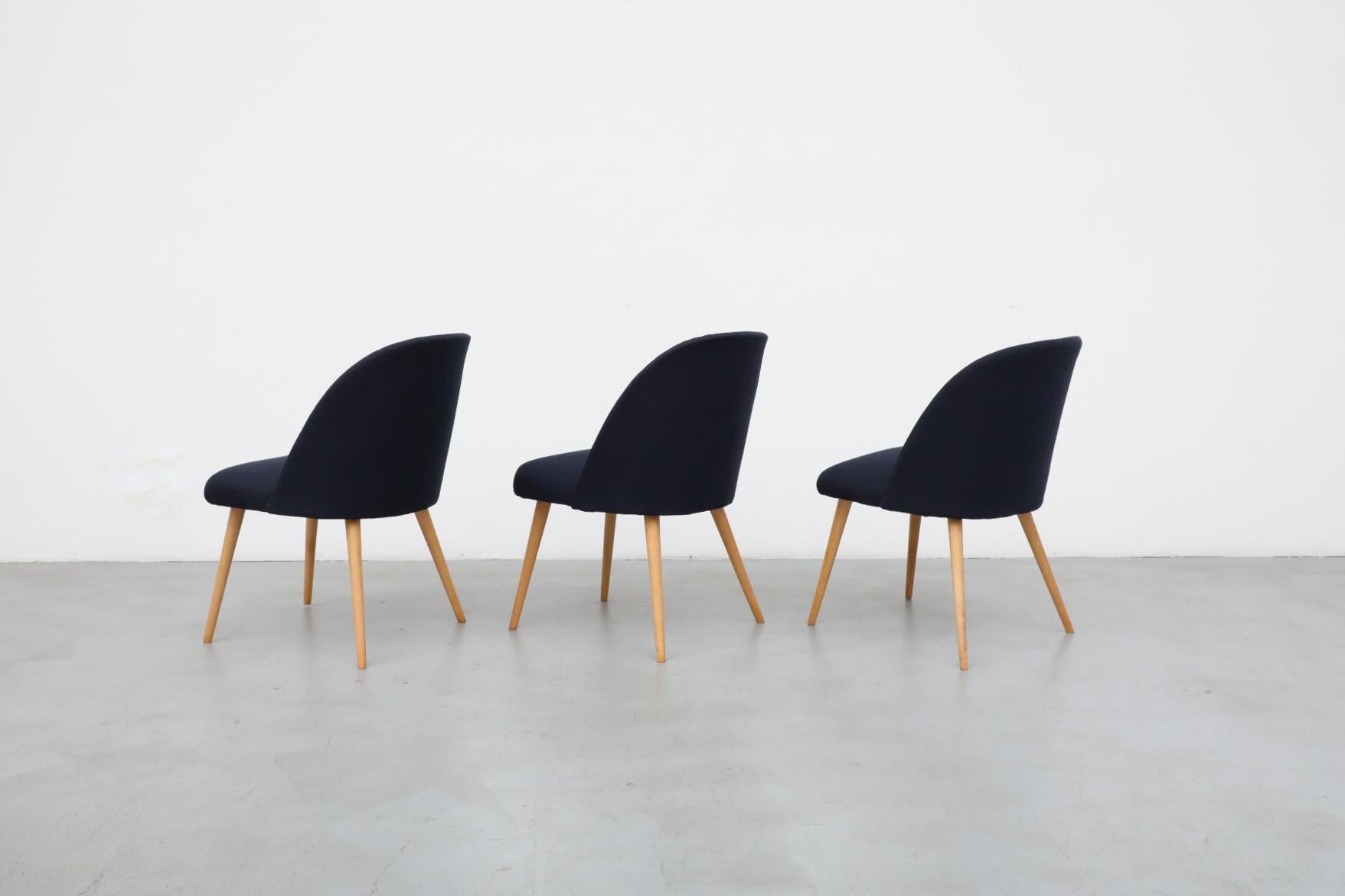 Saarinen Style Navy Upholstered Cocktail Chairs with Natural Birch Tapered Legs In Good Condition For Sale In Los Angeles, CA
