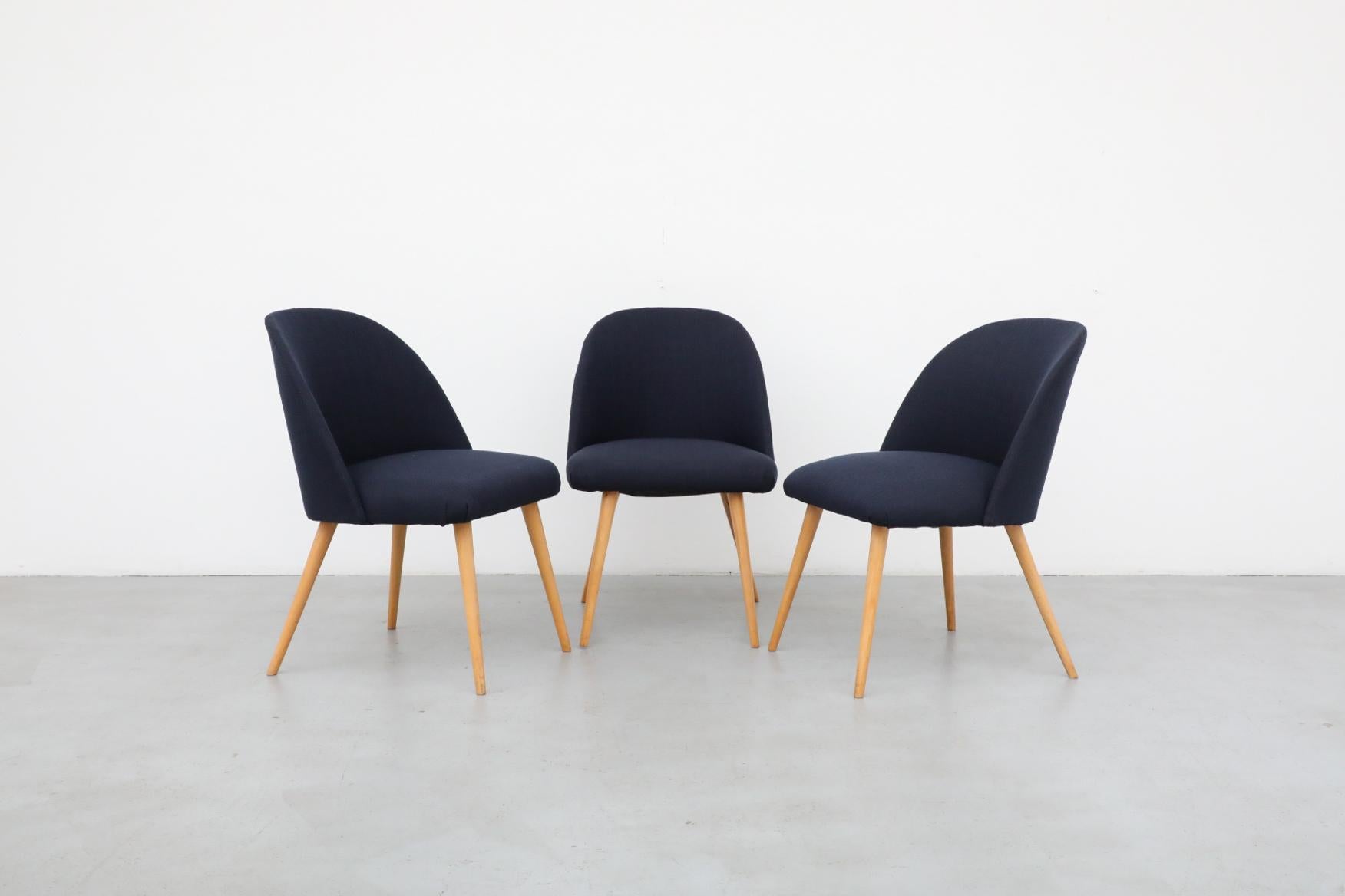 Upholstery Saarinen Style Navy Upholstered Cocktail Chairs with Natural Birch Tapered Legs For Sale