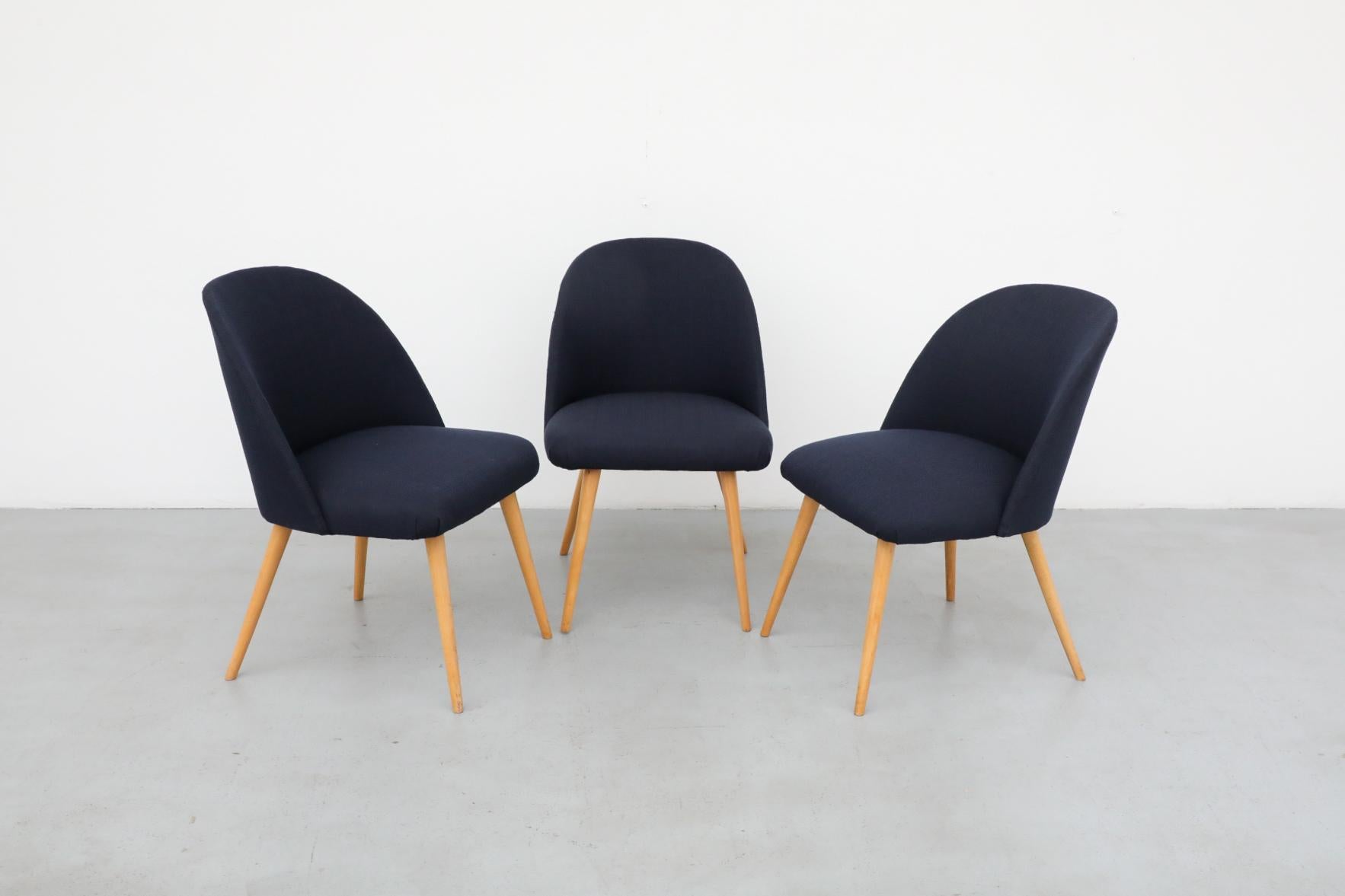 Saarinen Style Navy Upholstered Cocktail Chairs with Natural Birch Tapered Legs For Sale 1