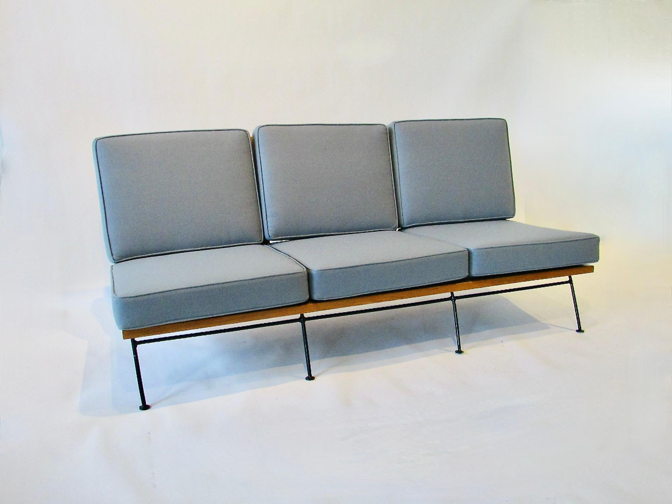 American Saarinen Swanson Ficks Reed Wrought Iron with Wood Frame Couch For Sale