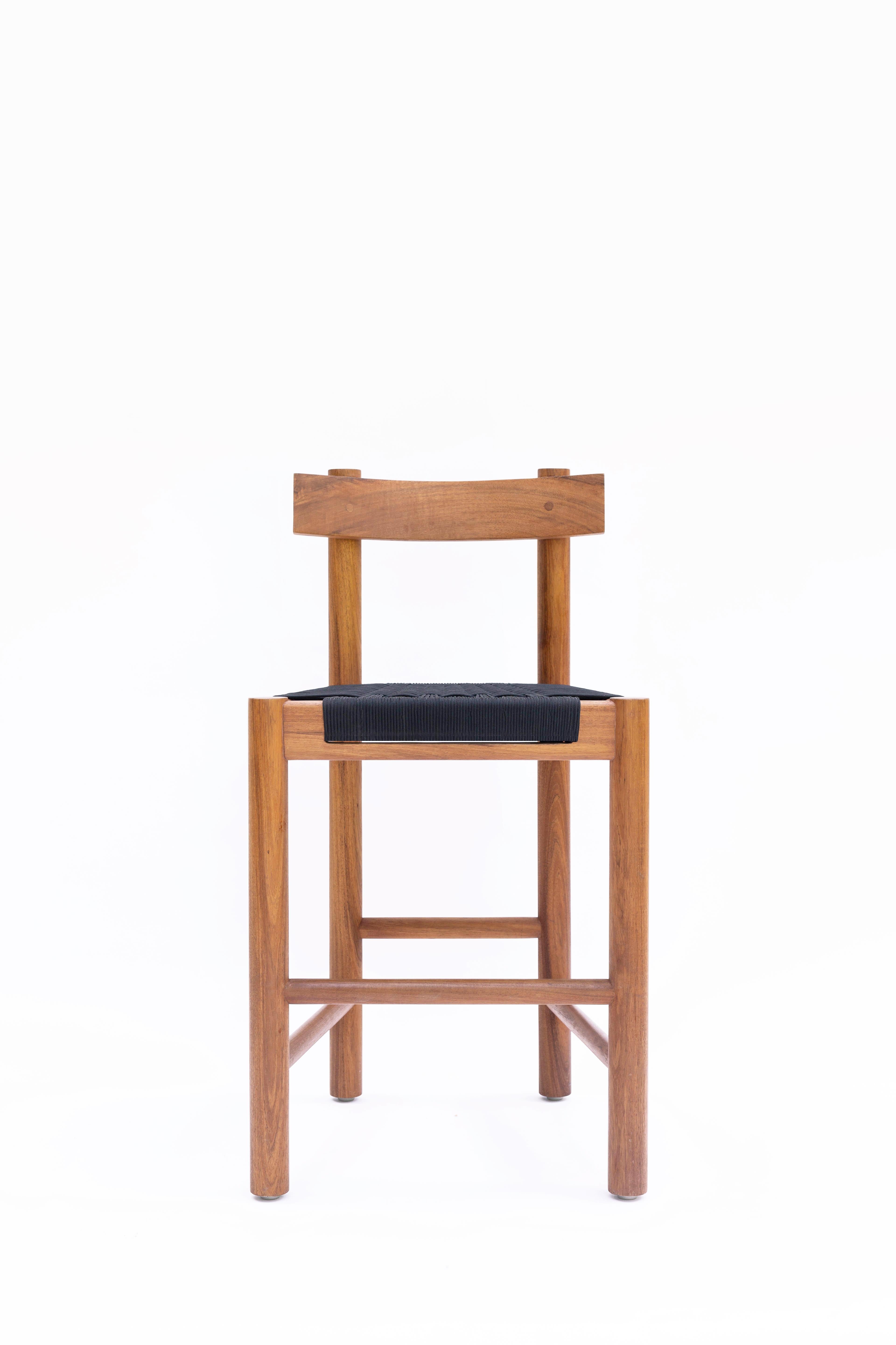 Woodwork Modern Bar Stool with Handwoven Seat in Natural Caribbean Walnut For Sale