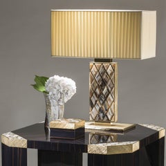 Saba Table Lamp in Horn, 24K Gold-Plated Brass & Beige Pongé Silk by Arcahorn