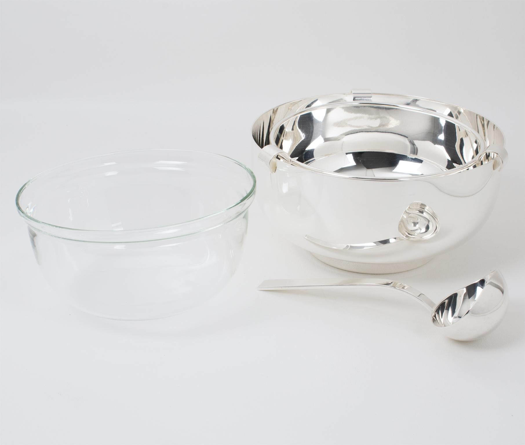 Enfriador de platos para servir caviar Sabattini de cristal y chapa de plata, hacia 1980 en Excelente estado para la venta en Atlanta, GA