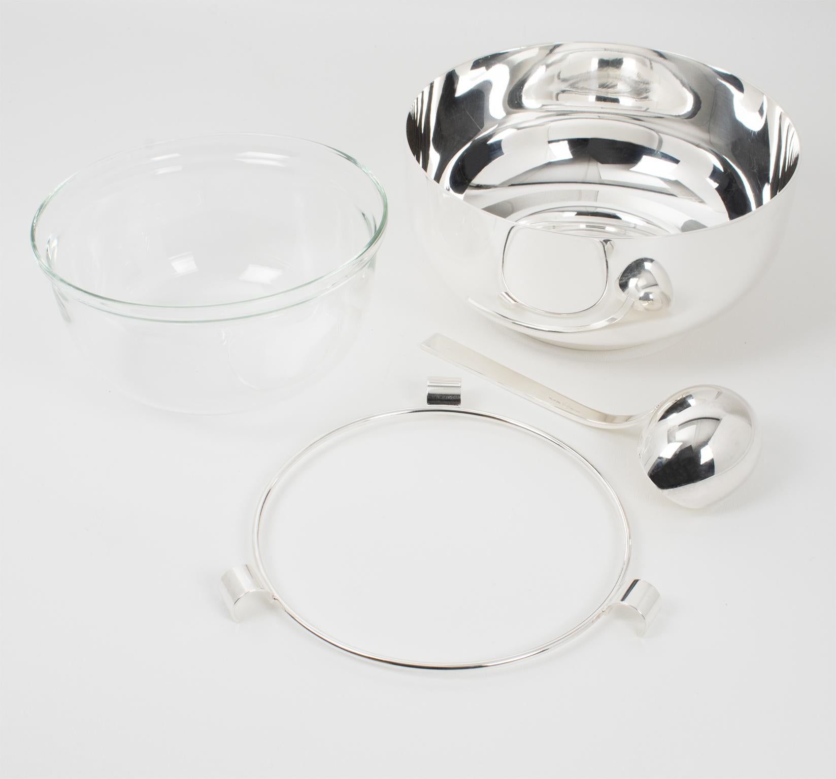 Enfriador de platos para servir caviar Sabattini de cristal y chapa de plata, hacia 1980 Chapado en plata en venta