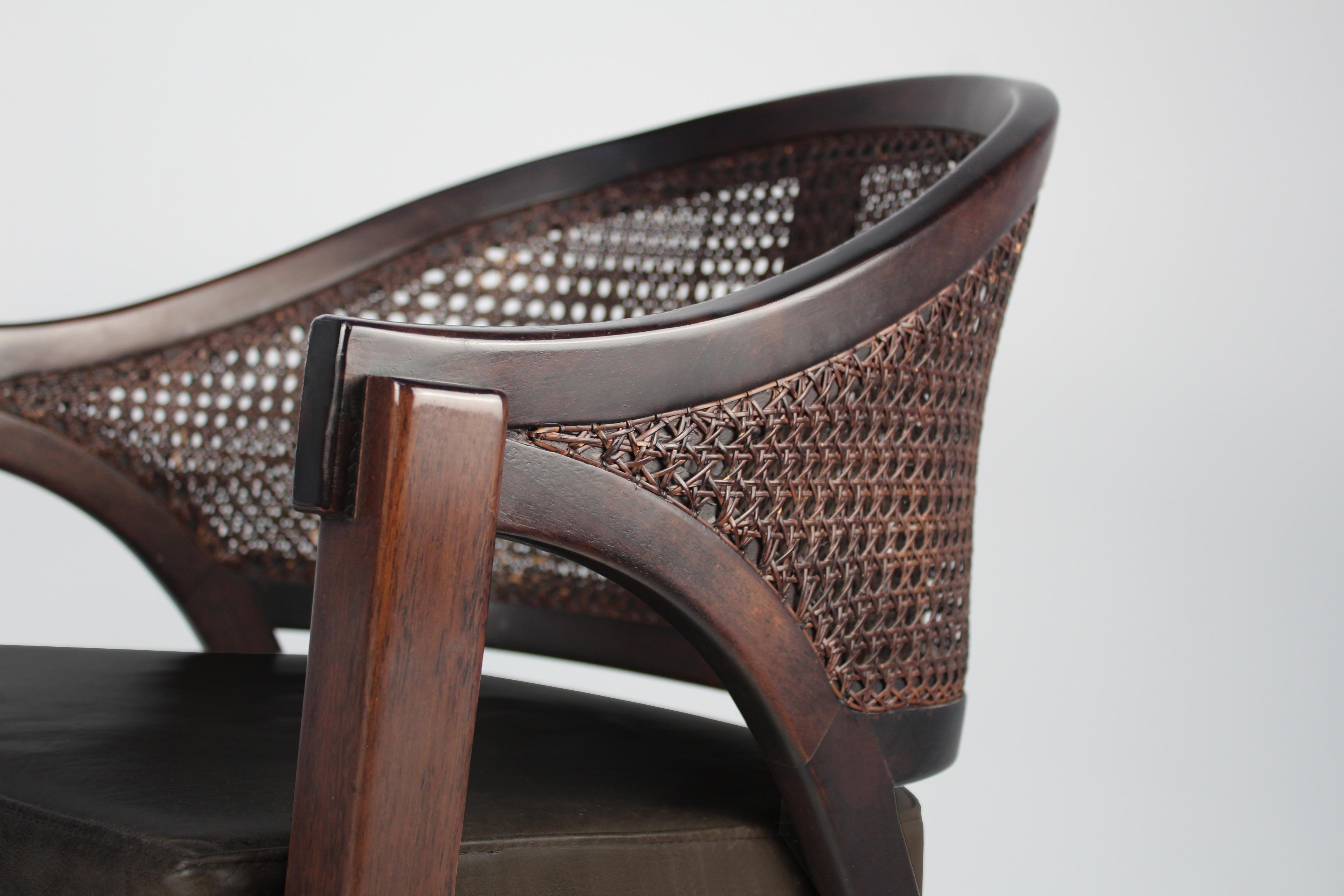 Italian Sabaudia Brown Curved Armchair in Walnut with Caned Back and Bronzed Metal Tips For Sale