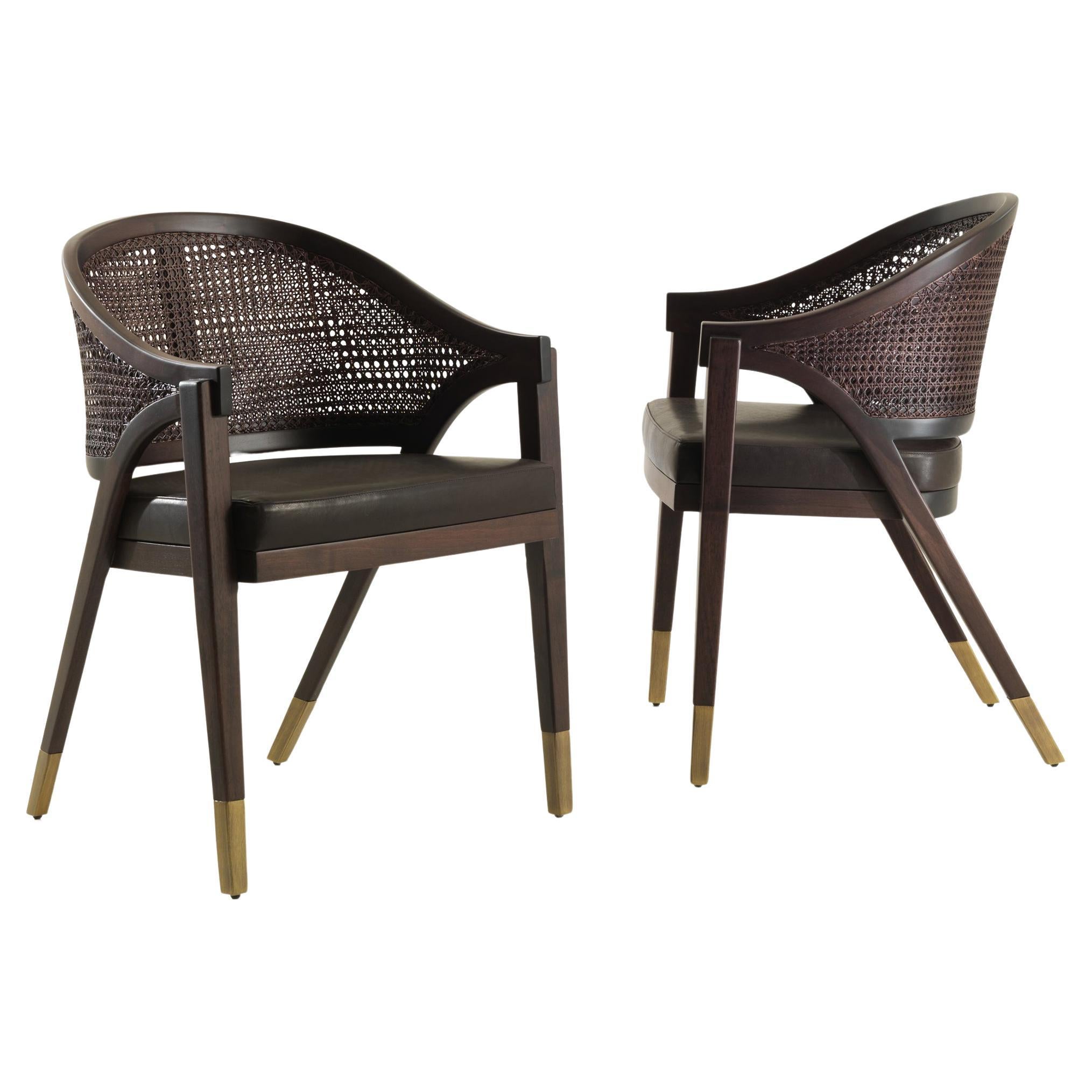Sabaudia Brown Curved Armchair in Walnut with Caned Back and Bronzed Metal Tips For Sale