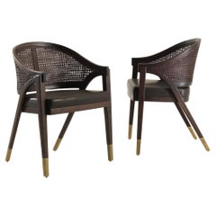 Sabaudia Brown Curved Armchair in Walnut with Caned Back and Bronzed Metal Tips