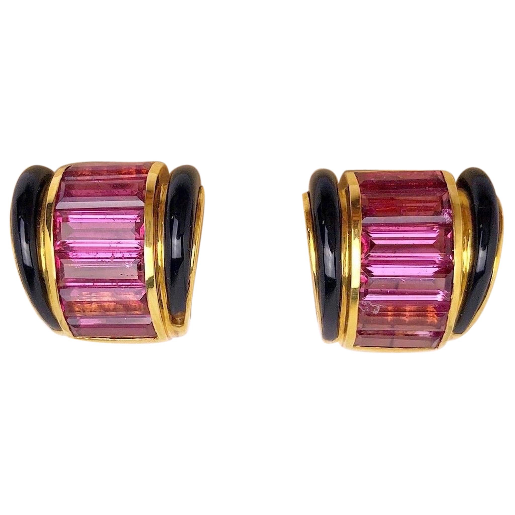 Sabbadini 18 Karat Yellow Gold Earrings with Pink Tourmaline and Black Onyx For Sale