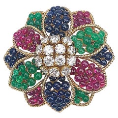 Retro Sabbadini 18 Karat Yellow Gold Flower Brooch with Diamonds and Beaded Gem Stones