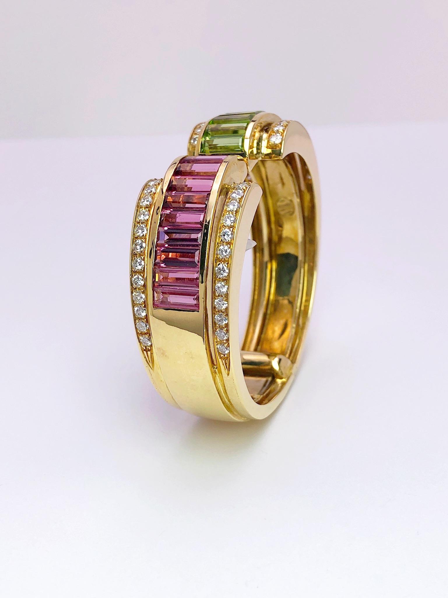 Baguette Cut Sabbadini 18 KT YG Retro Cuff Bracelet with Diamonds, Pink and Green Tourmaline For Sale