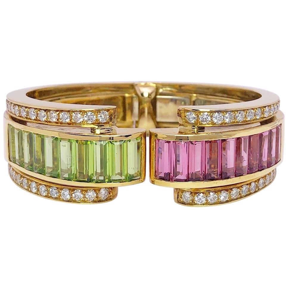 Sabbadini 18 KT YG Retro Manschettenarmband mit Diamanten, rosa und grünem Turmalin