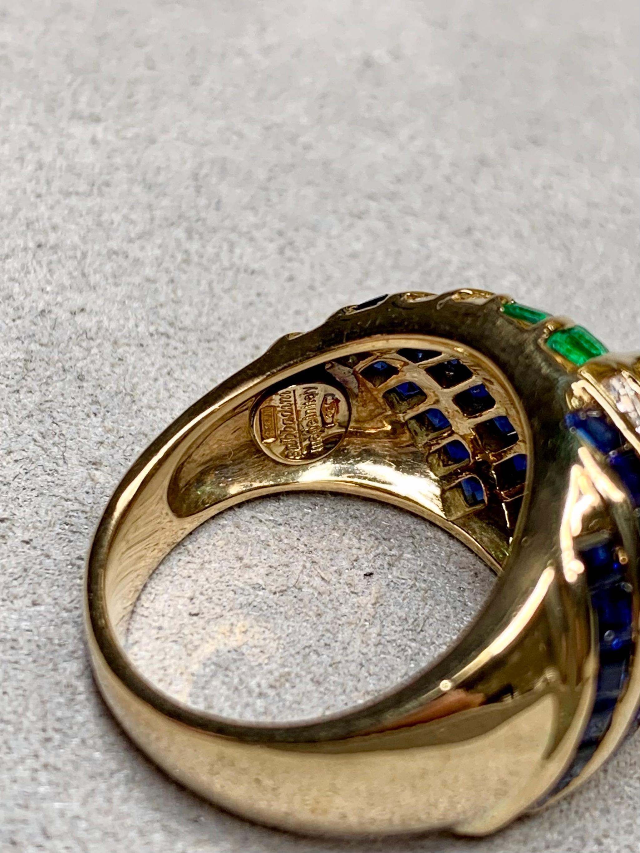 Contemporary Sabbadini 18K Carré Diamond High Cabochon Sapphire Emerald Dome Ring 9.50ctw For Sale