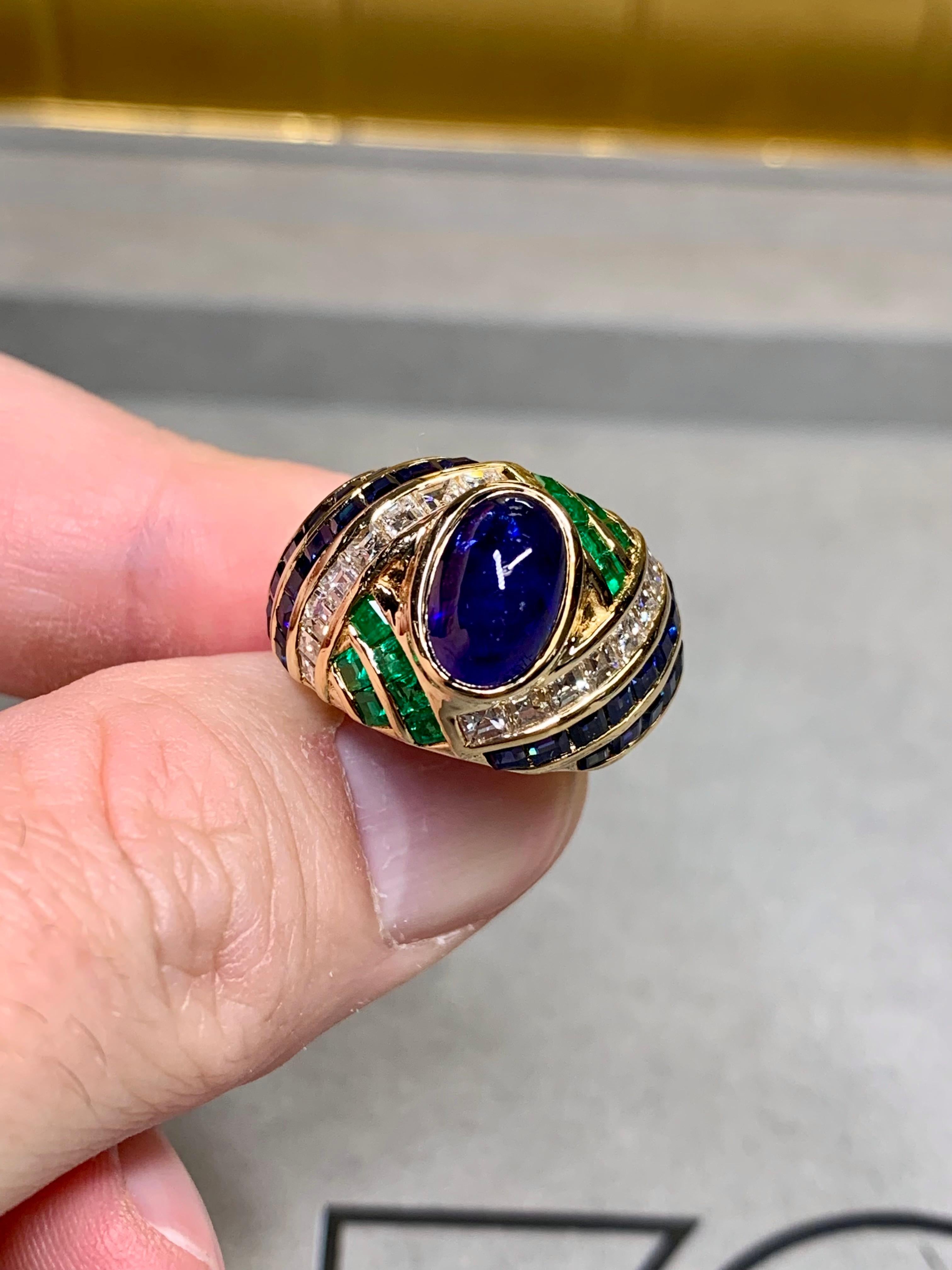 Sabbadini 18K Carré Diamond High Cabochon Sapphire Emerald Dome Ring 9.50ctw In Good Condition For Sale In Winter Springs, FL