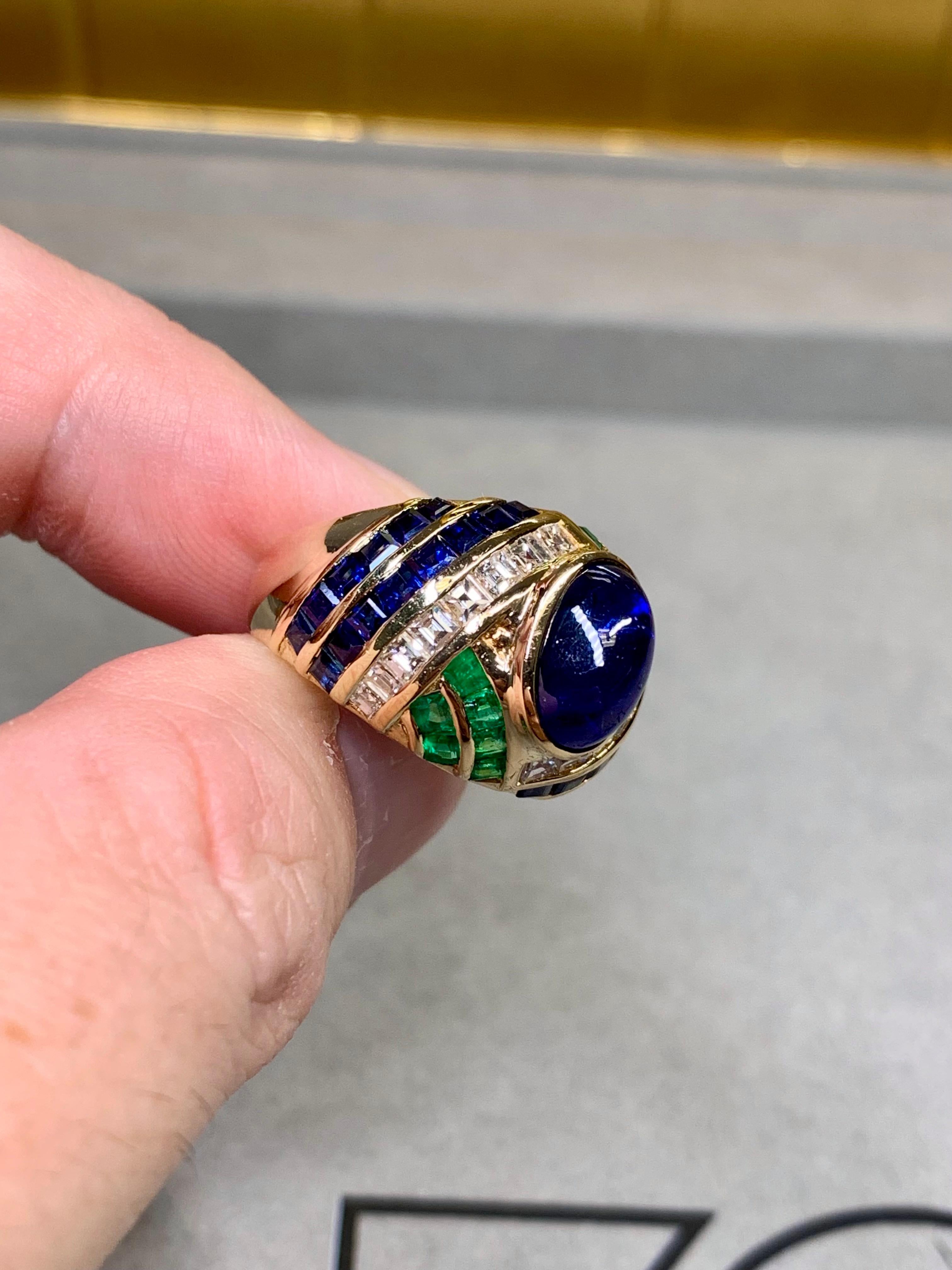 Women's or Men's Sabbadini 18K Carré Diamond High Cabochon Sapphire Emerald Dome Ring 9.50ctw For Sale