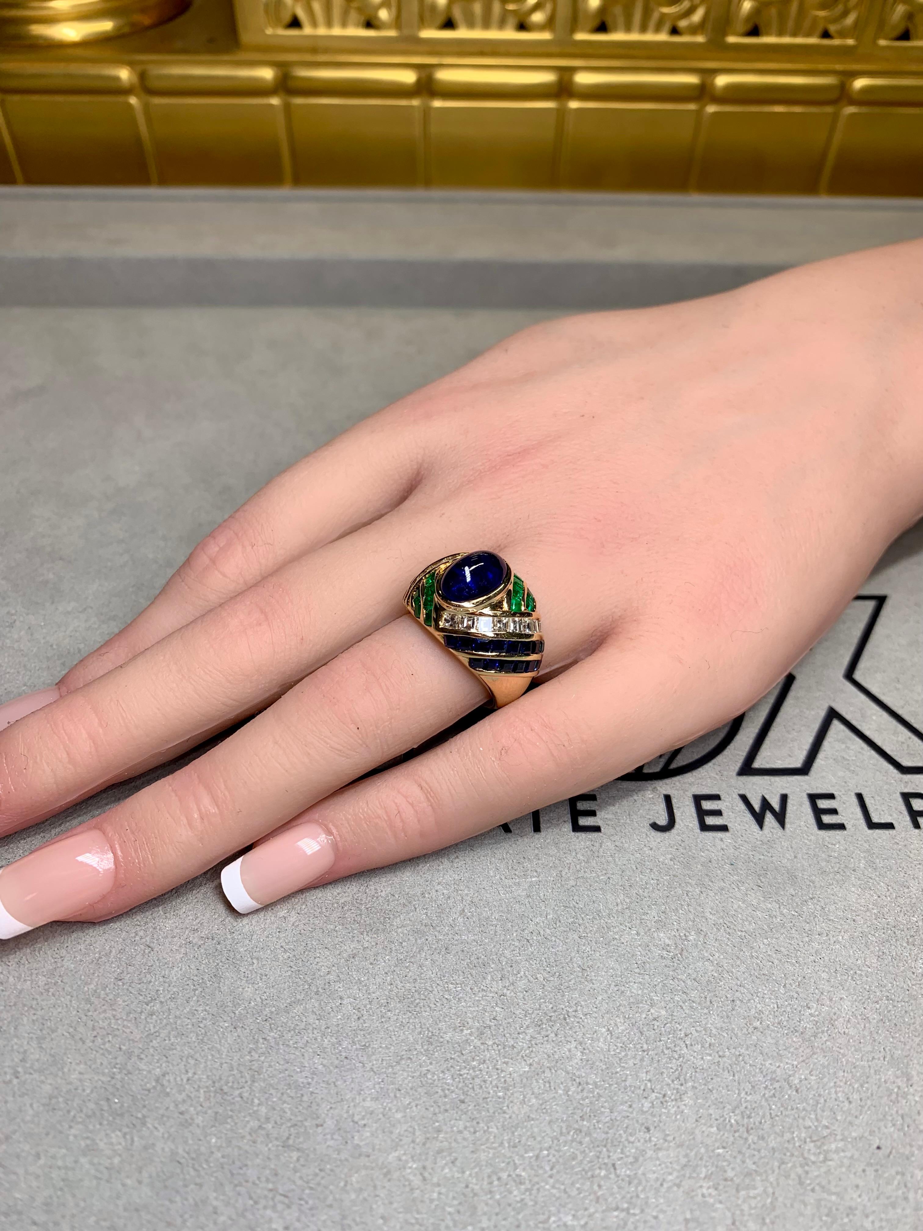Sabbadini 18K Carré Diamond High Cabochon Sapphire Emerald Dome Ring 9.50ctw For Sale 1