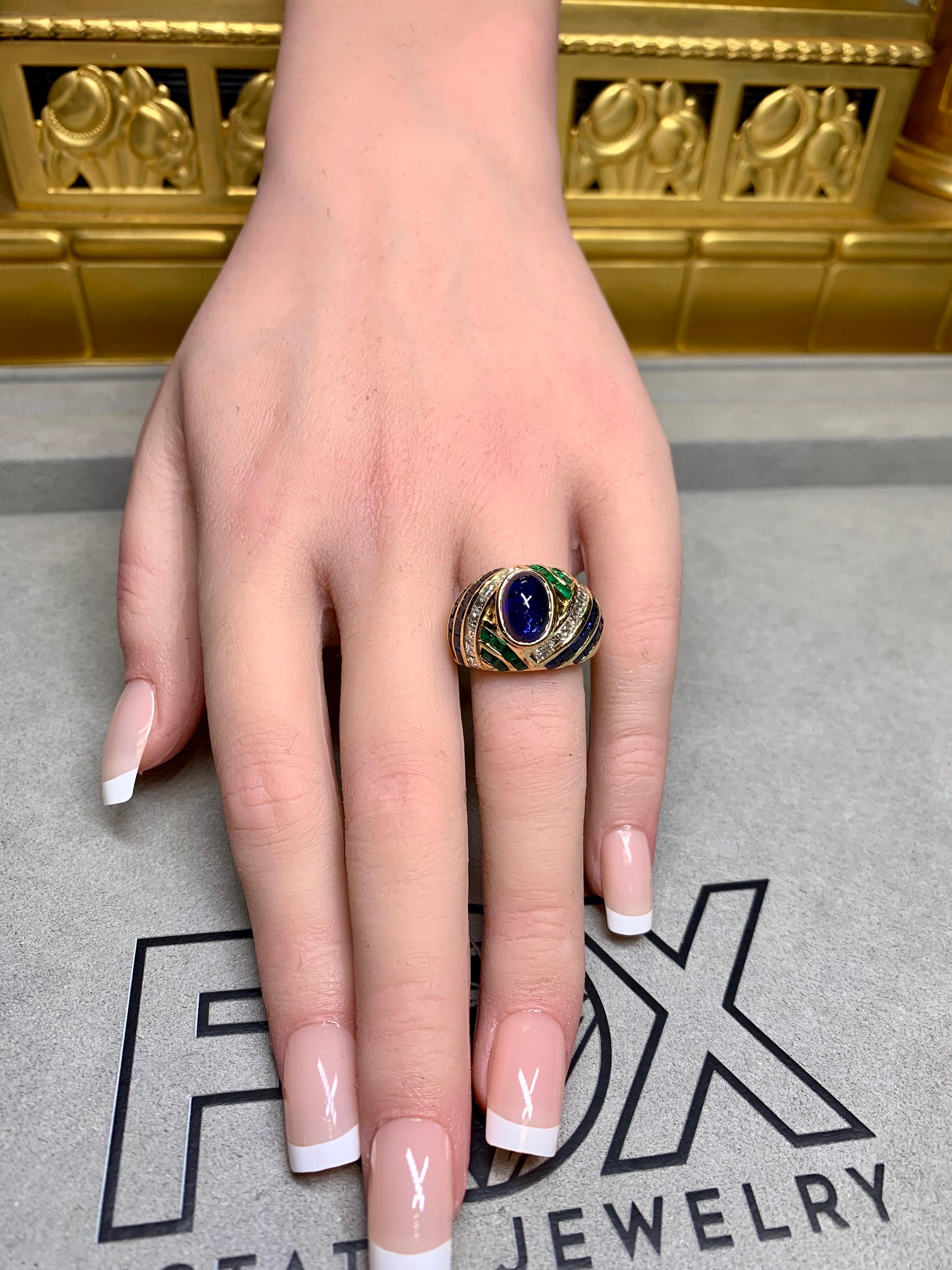 Sabbadini 18K Carré Diamond High Cabochon Sapphire Emerald Dome Ring 9.50ctw For Sale 3