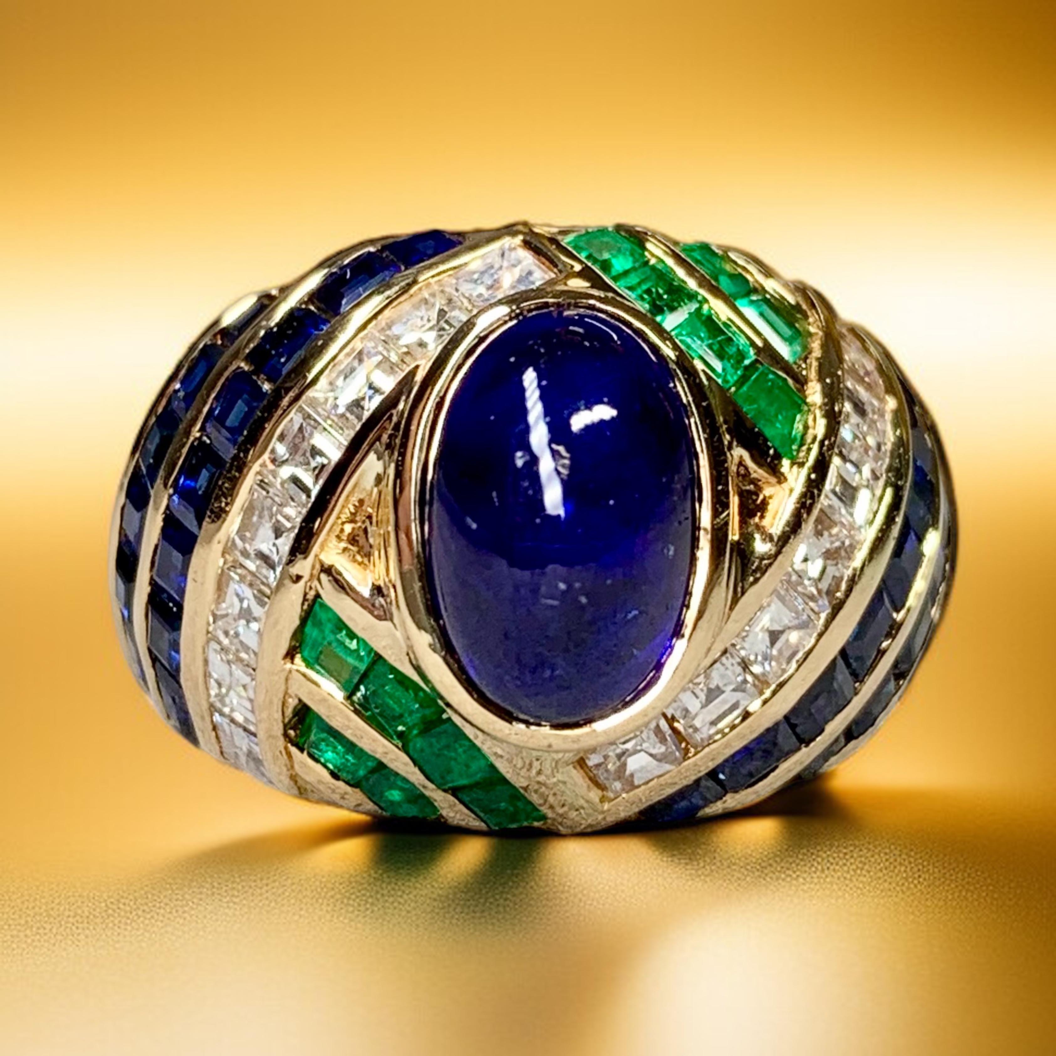 Sabbadini 18K Carré Diamond High Cabochon Sapphire Emerald Dome Ring 9.50ctw For Sale 4