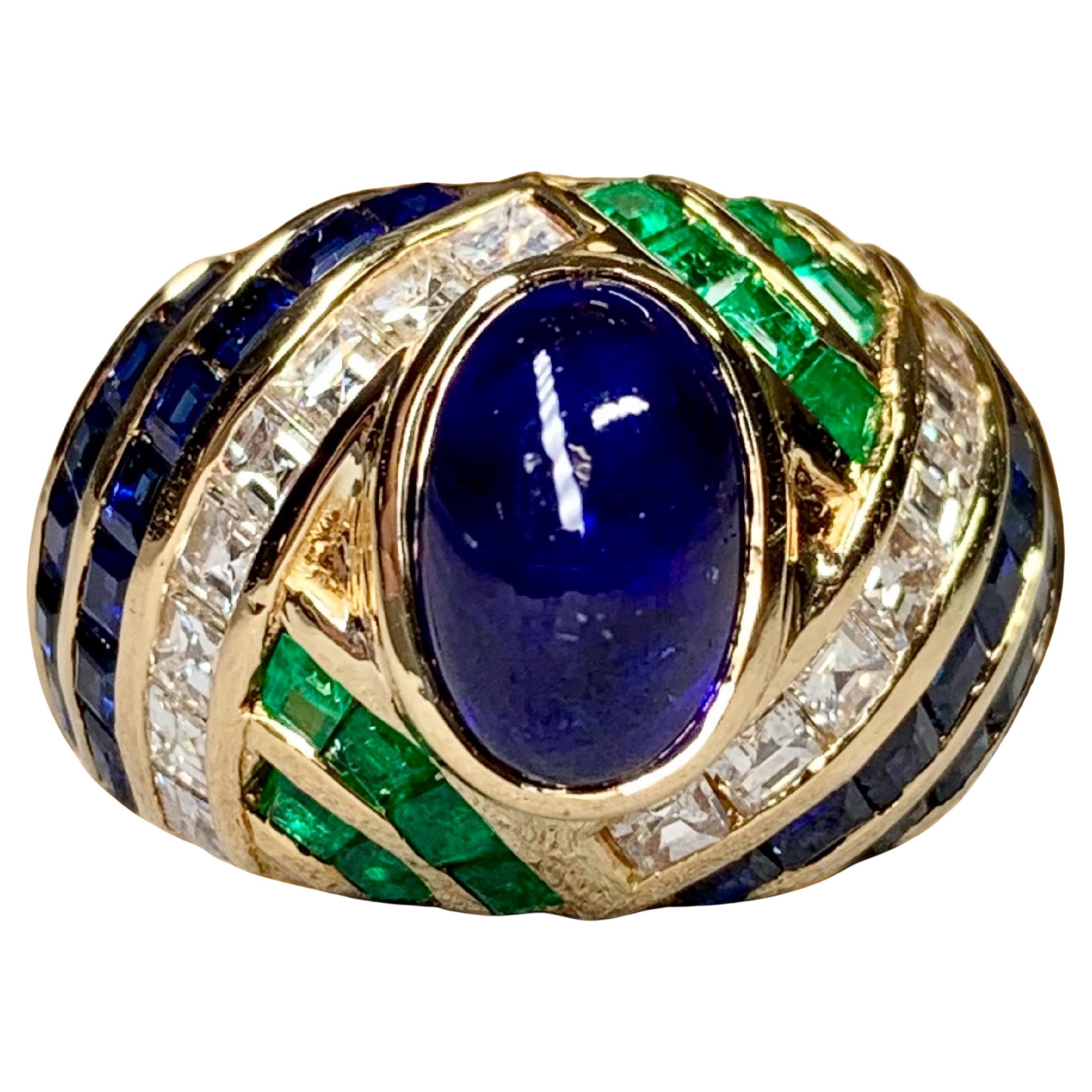 Sabbadini 18K Carré Diamond High Cabochon Sapphire Emerald Dome Ring 9.50ctw For Sale
