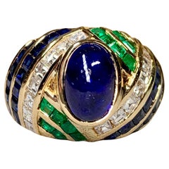 Sabbadini 18K Carré Diamond High Cabochon Sapphire Emerald Dome Ring 9.50ctw