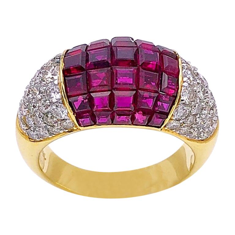 Sabbadini 18K Gold Ring with 4.90 Carat of Invisibly Set Rubies and Diamonds For Sale
