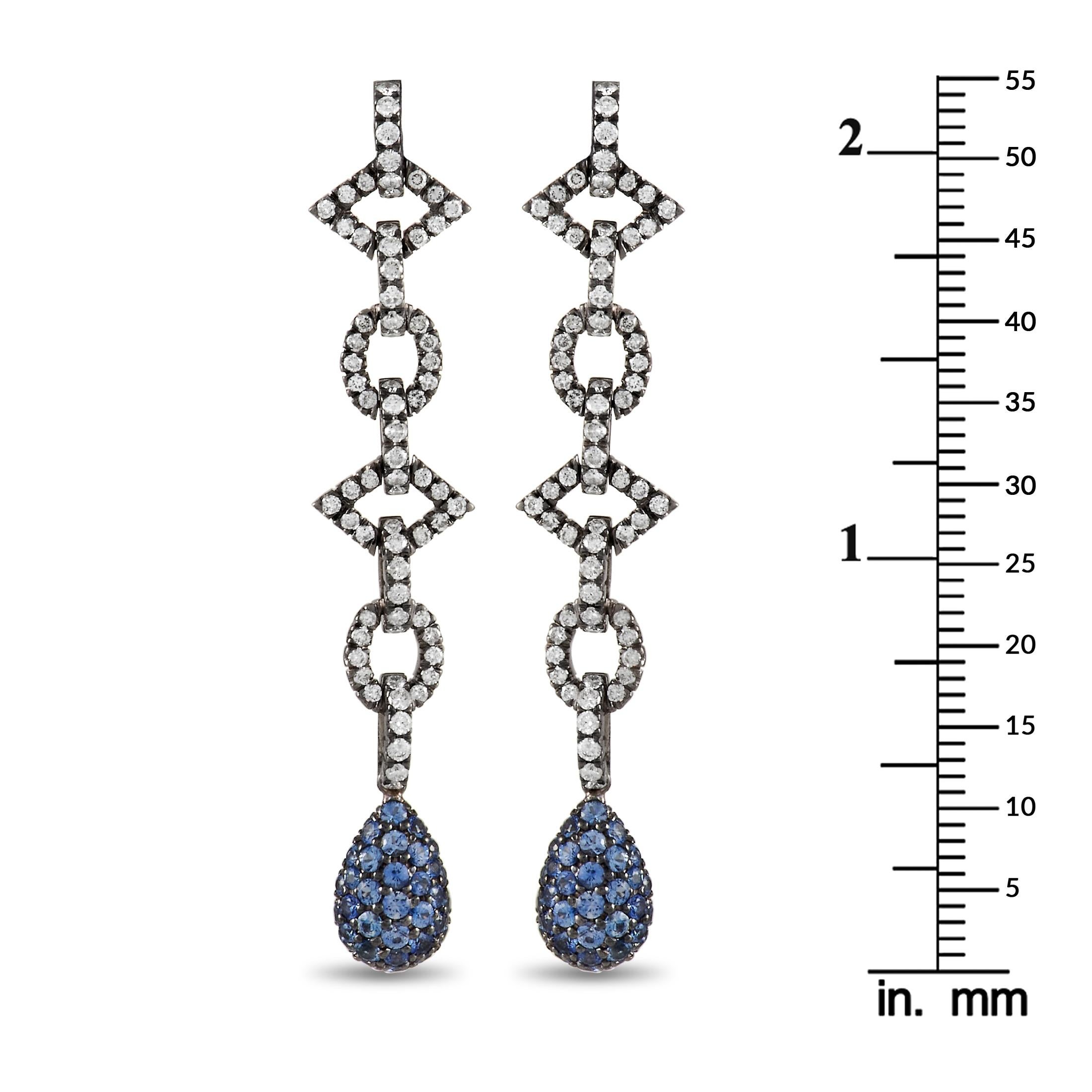 Round Cut Sabbadini 18K White Gold 1.50 Ct Diamond and Sapphire Dangle Earrings