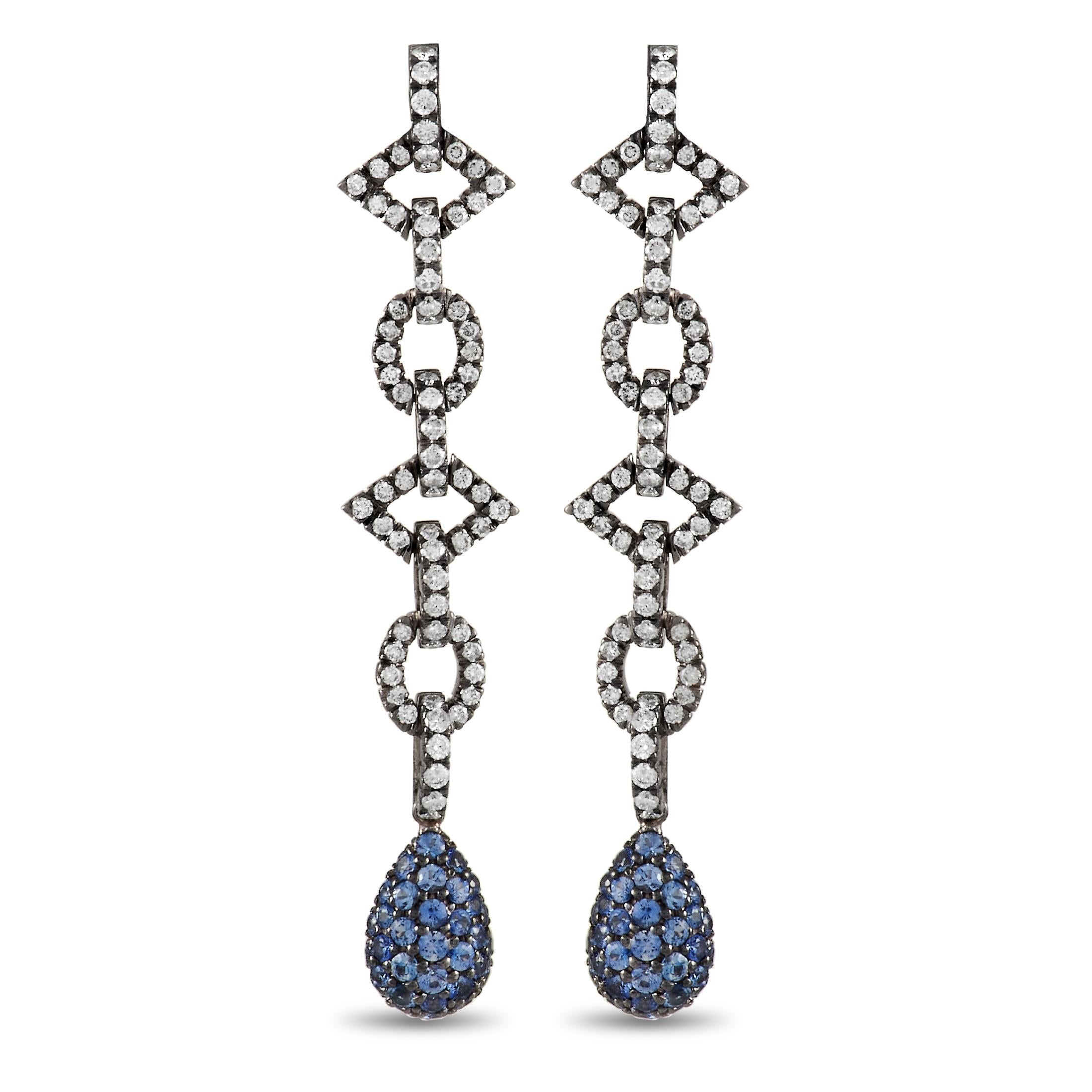 Sabbadini 18K White Gold 1.50 Ct Diamond and Sapphire Dangle Earrings In Excellent Condition In Southampton, PA
