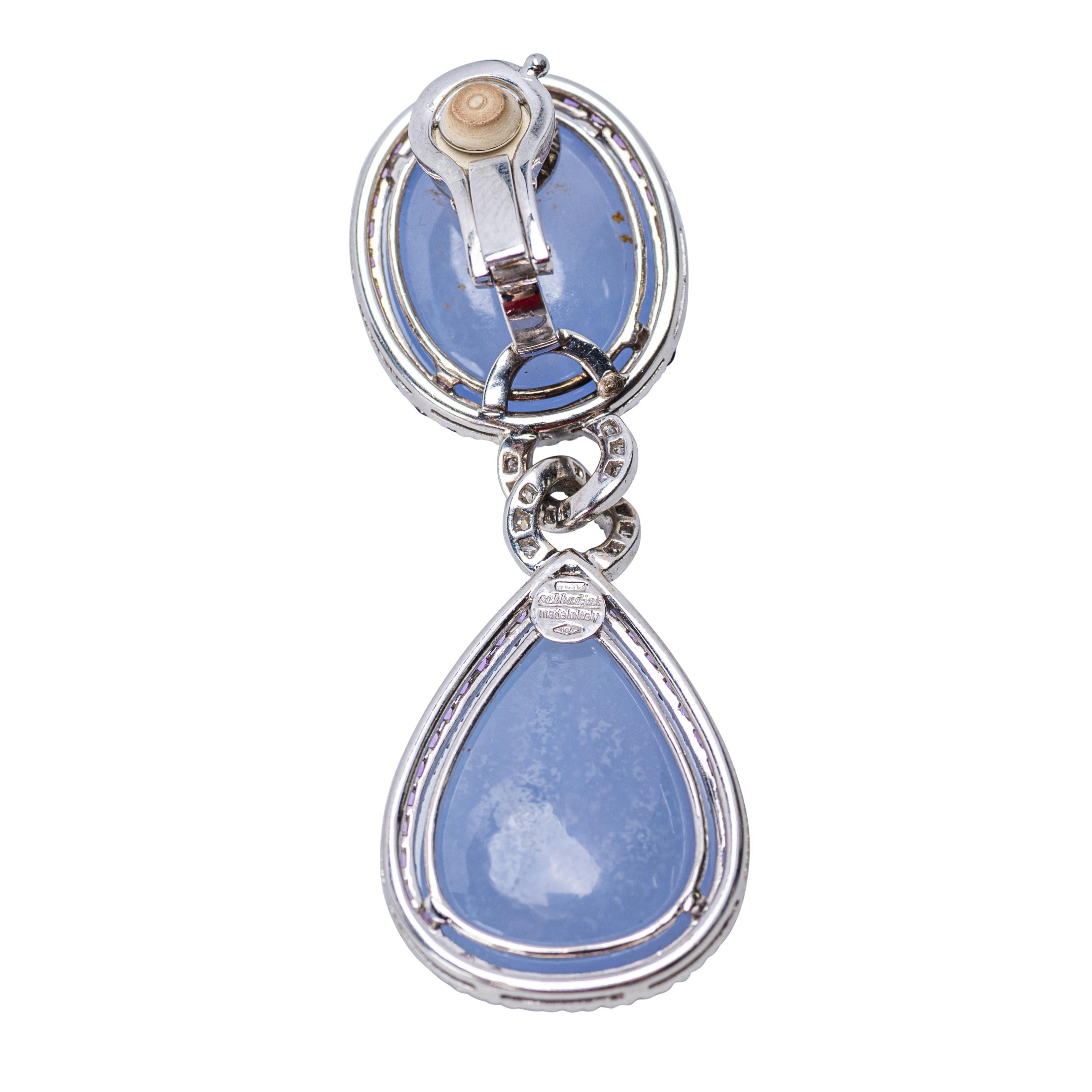 Perlina Sabbadini 18K White Gold Chalcedony, Amethyst and Diamond Drop Earrings in vendita