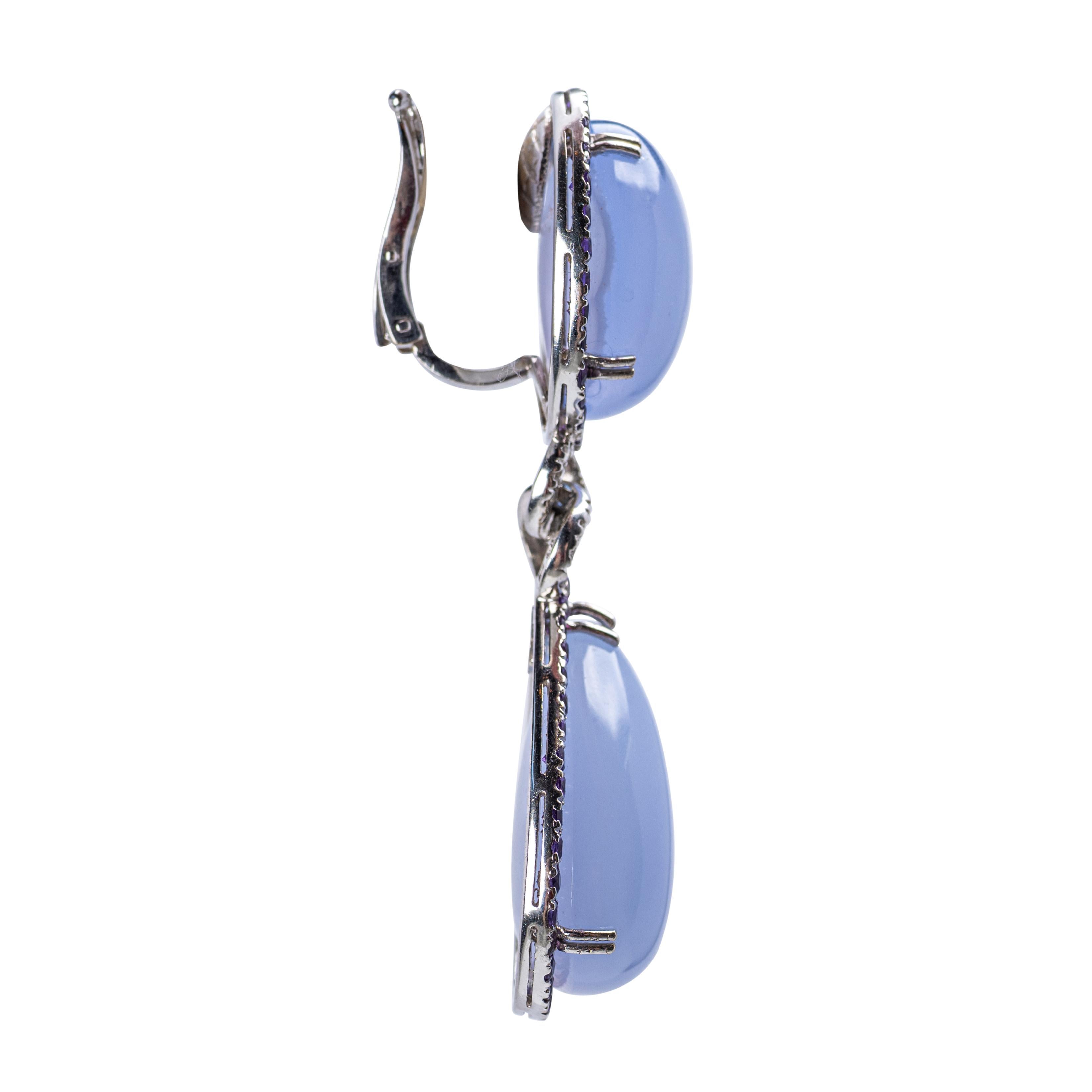 Sabbadini 18K White Gold Chalcedony, Amethyst and Diamond Drop Earrings In condizioni buone in vendita a Palm Beach, FL