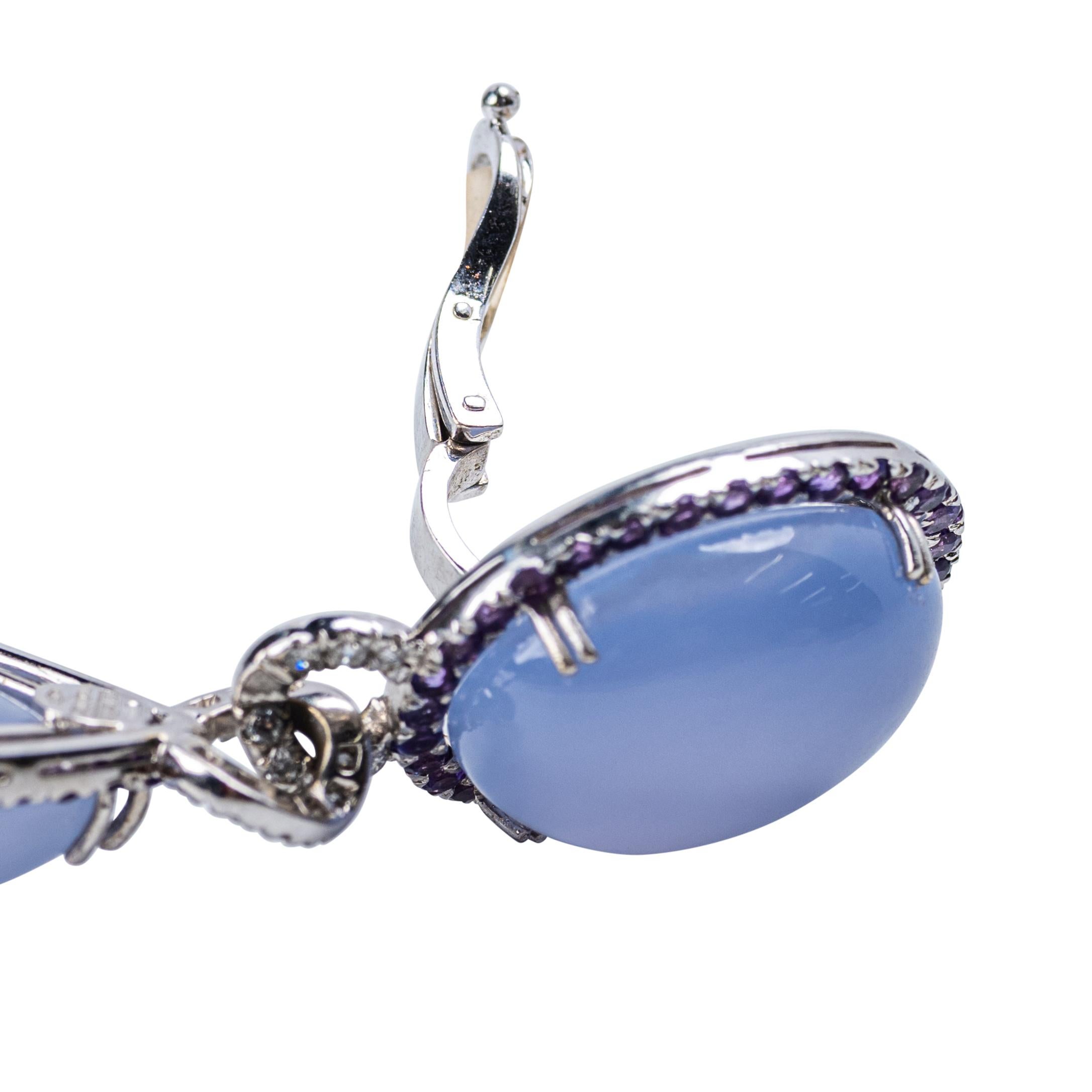 da uomo o donna Sabbadini 18K White Gold Chalcedony, Amethyst and Diamond Drop Earrings in vendita