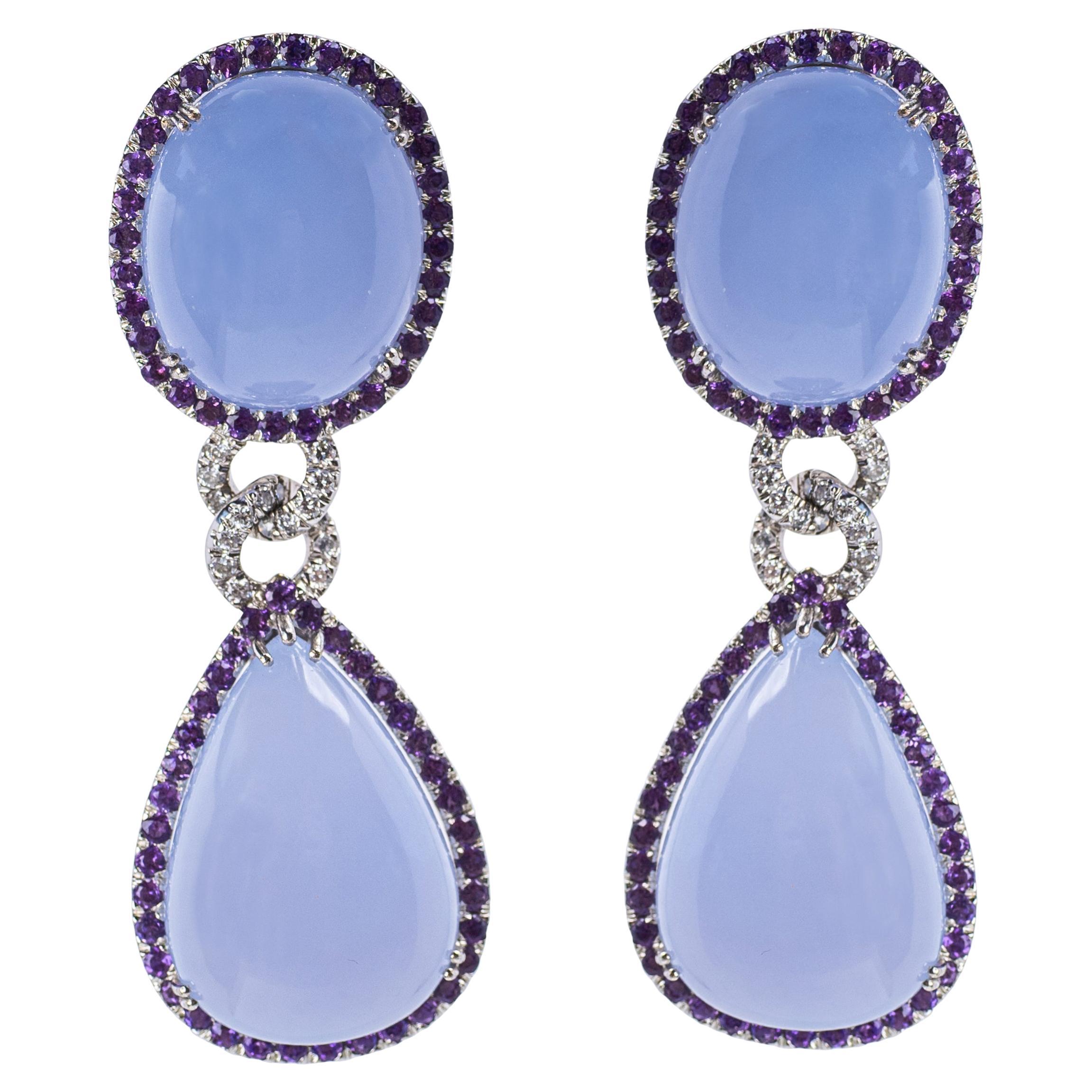 Sabbadini 18K White Gold Chalcedony, Amethyst and Diamond Drop Earrings in vendita