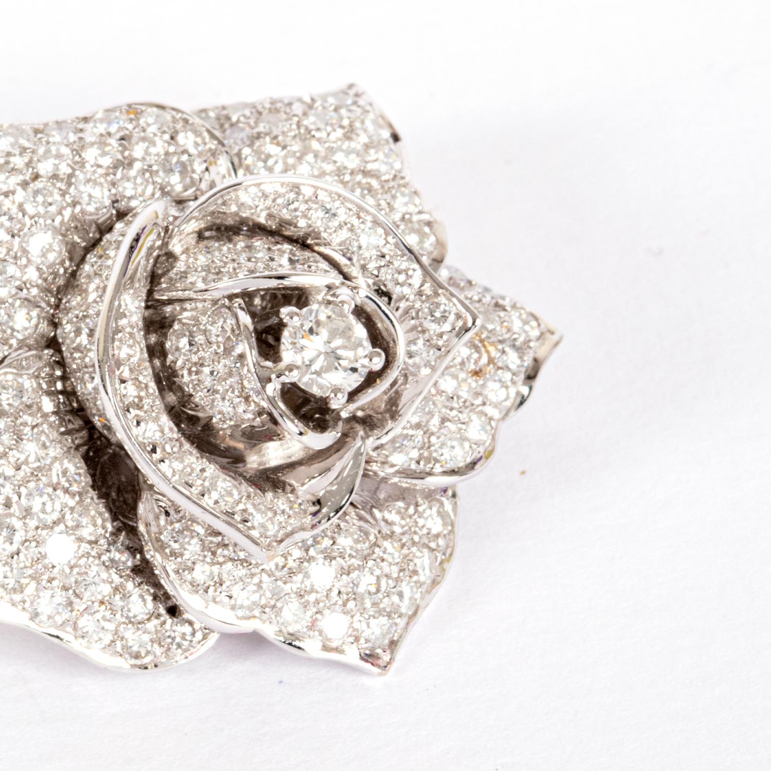 Art Deco Sabbadini 18K White Gold Rose Brooch Diamonds For Sale