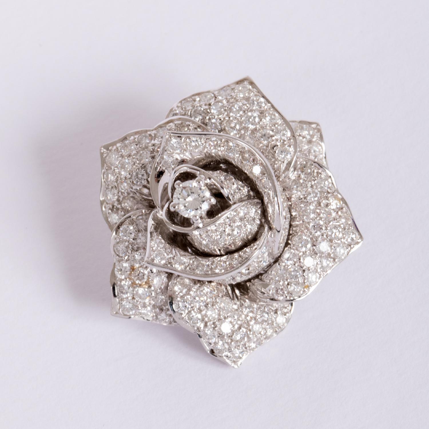 Brilliant Cut Sabbadini 18K White Gold Rose Brooch Diamonds For Sale