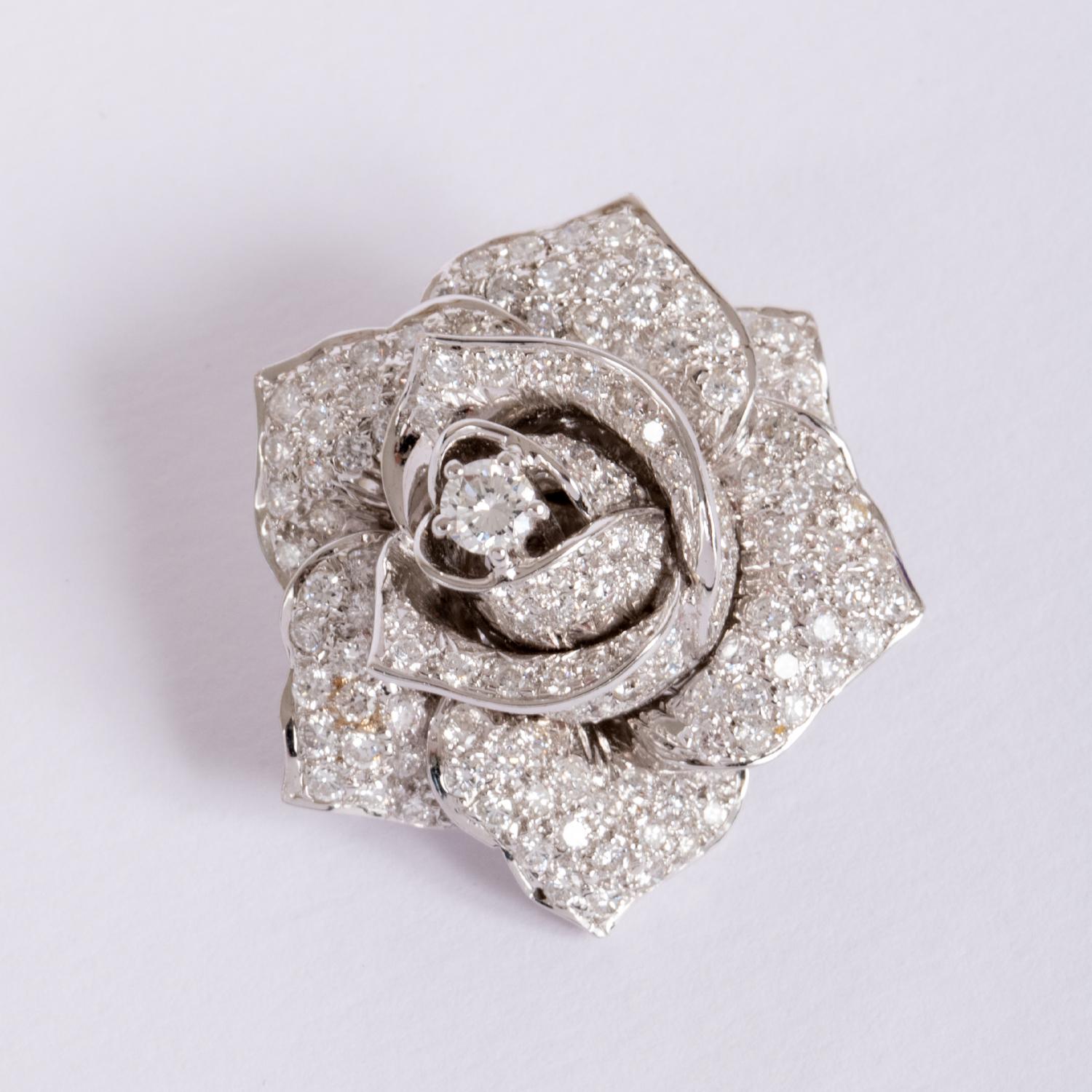 Brilliant Cut Sabbadini 18K White Gold Rose Brooch Diamonds