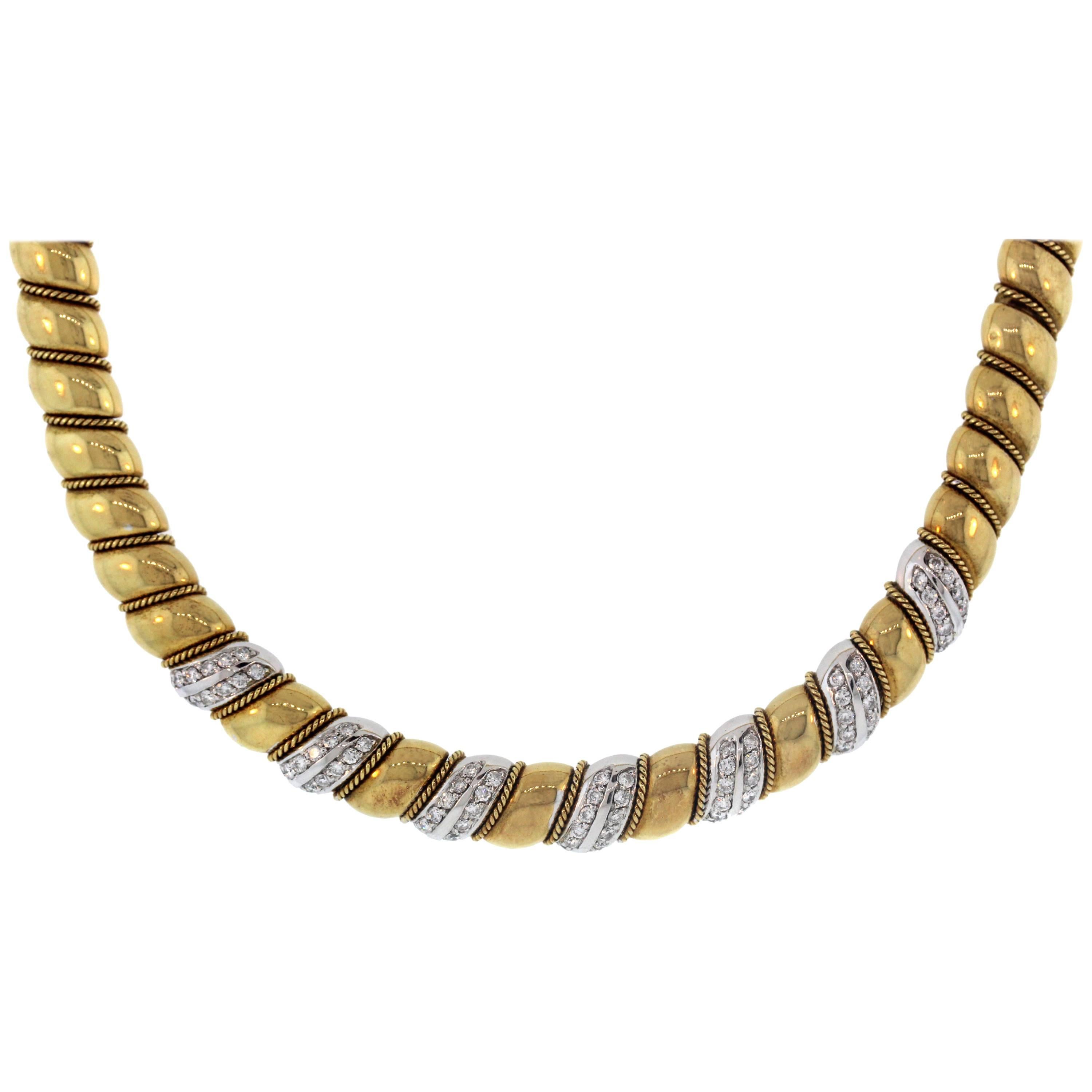 Sabbadini 18K Two Tone Yellow White Gold and Diamond Choker Style Necklace
Gorgeous craftsmanship and detail seen throughout piece. 

2.50 carat Diamonds G Color, VS Clarity

Necklace is 16 inches in length.

Signed Sabbadini, Italy
