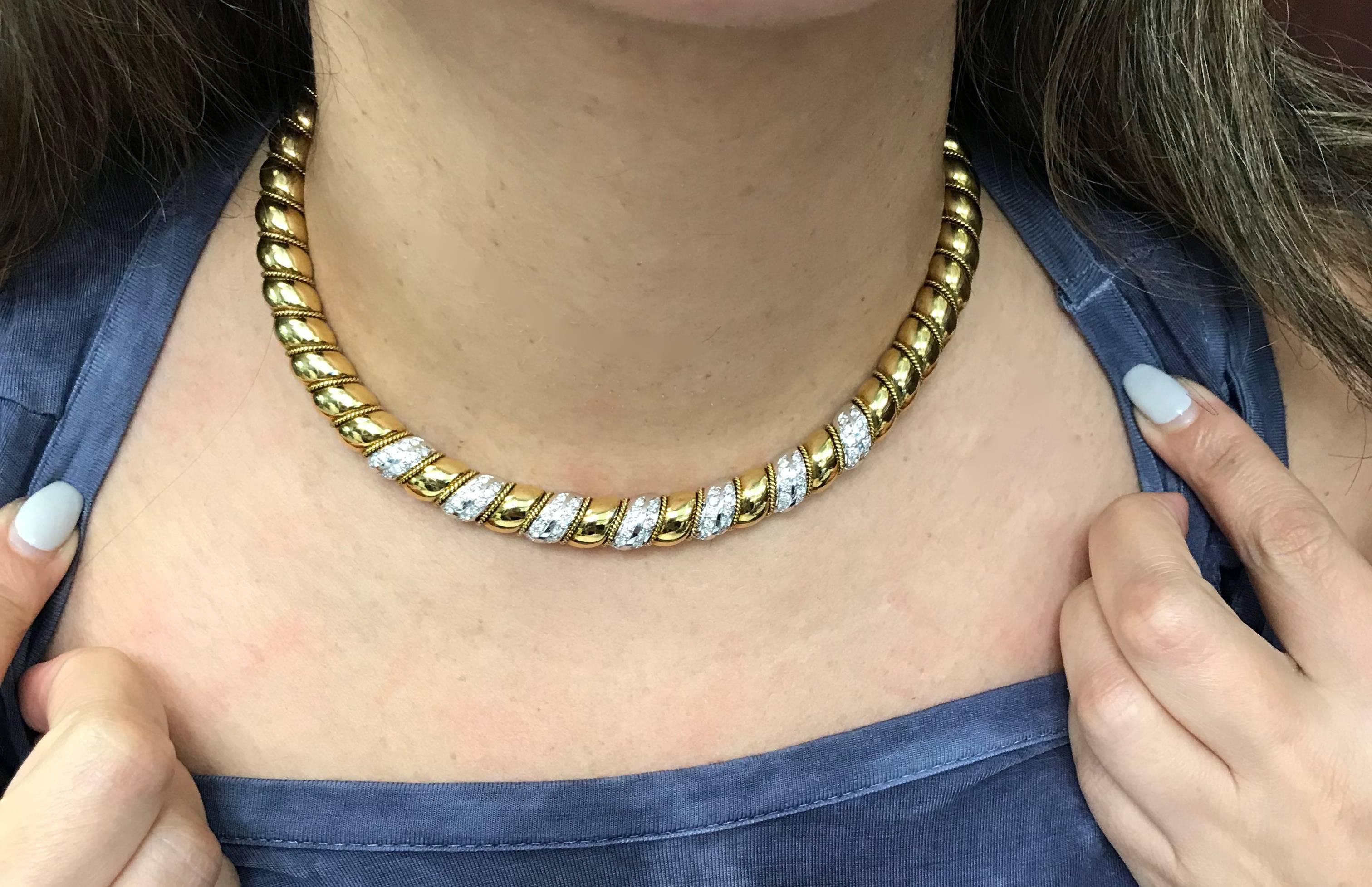 Contemporary Sabbadini 18K Two Tone Yellow White Gold and Diamond Choker Style Necklace For Sale