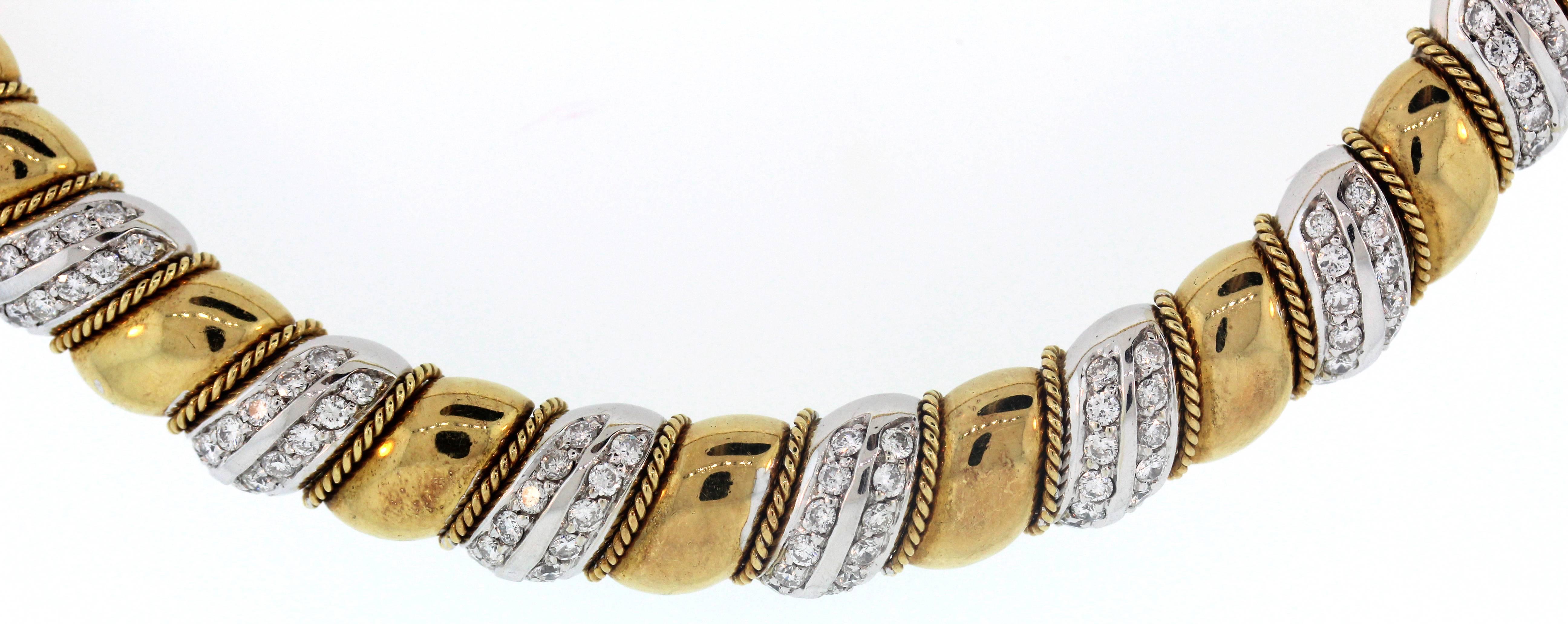Round Cut Sabbadini 18K Two Tone Yellow White Gold and Diamond Choker Style Necklace For Sale