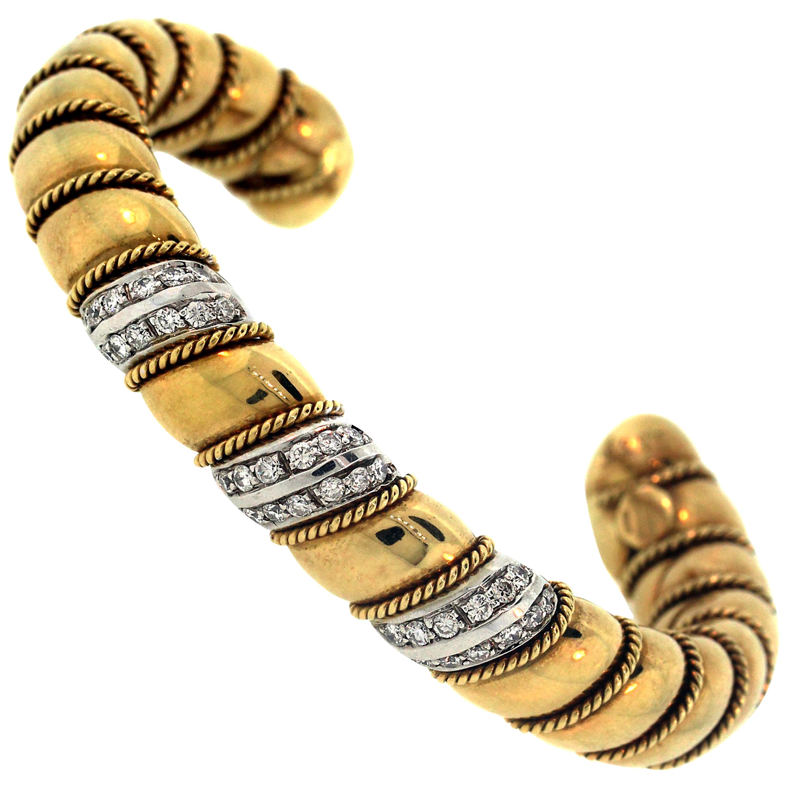 Sabbadini 18K Yellow White Two-Tone Gold Diamond Twisted Style Bangle Bracelet