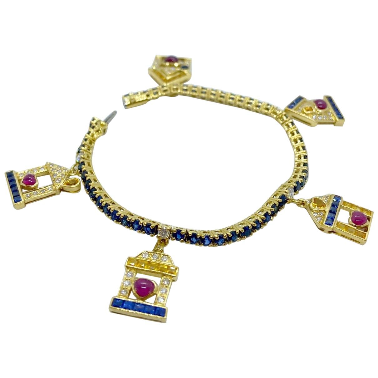 Sabbadini 18 Karat Gold Bracelet with Diamond, Ruby and Sapphire House Charms For Sale