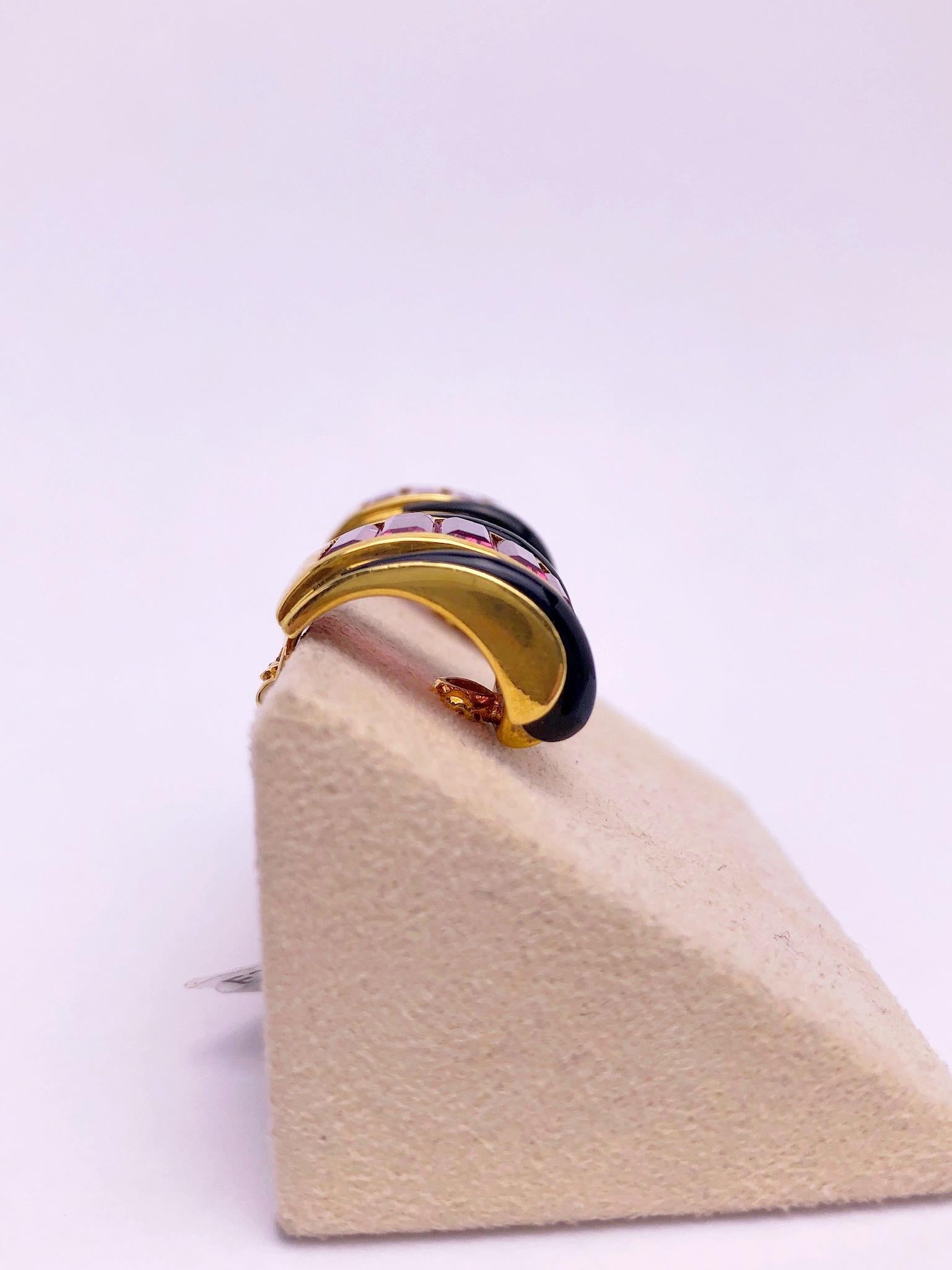 Baguette Cut Sabbadini 18 Karat Yellow Gold Earrings with Pink Tourmaline and Black Onyx For Sale